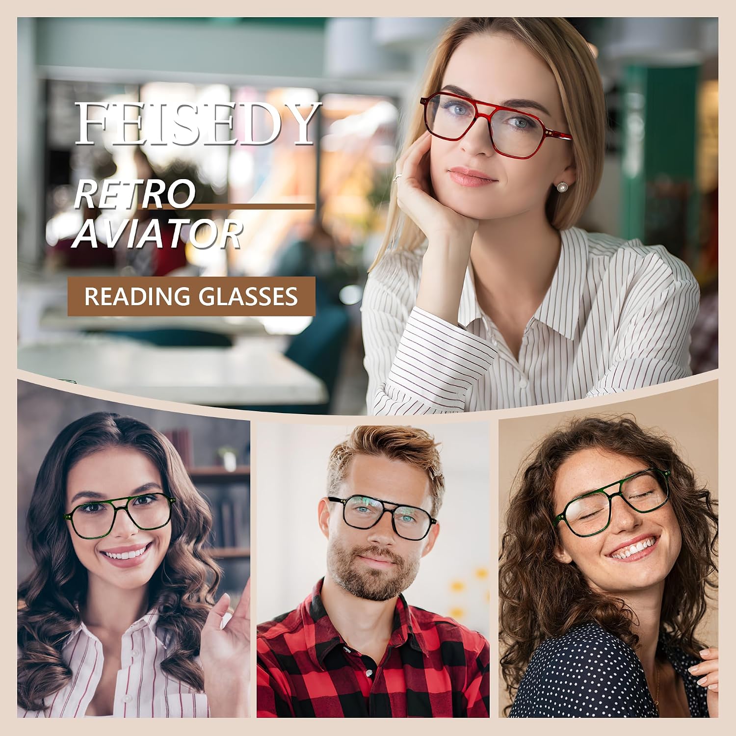 商品图片 4 | B0CNCZF5FL | FEISEDY Retro Aviator Reading Glasses Square Readers for Women Men B0068 | Spring Hinge, Blue Light Reading Glasses,Stylish reading glasses for men