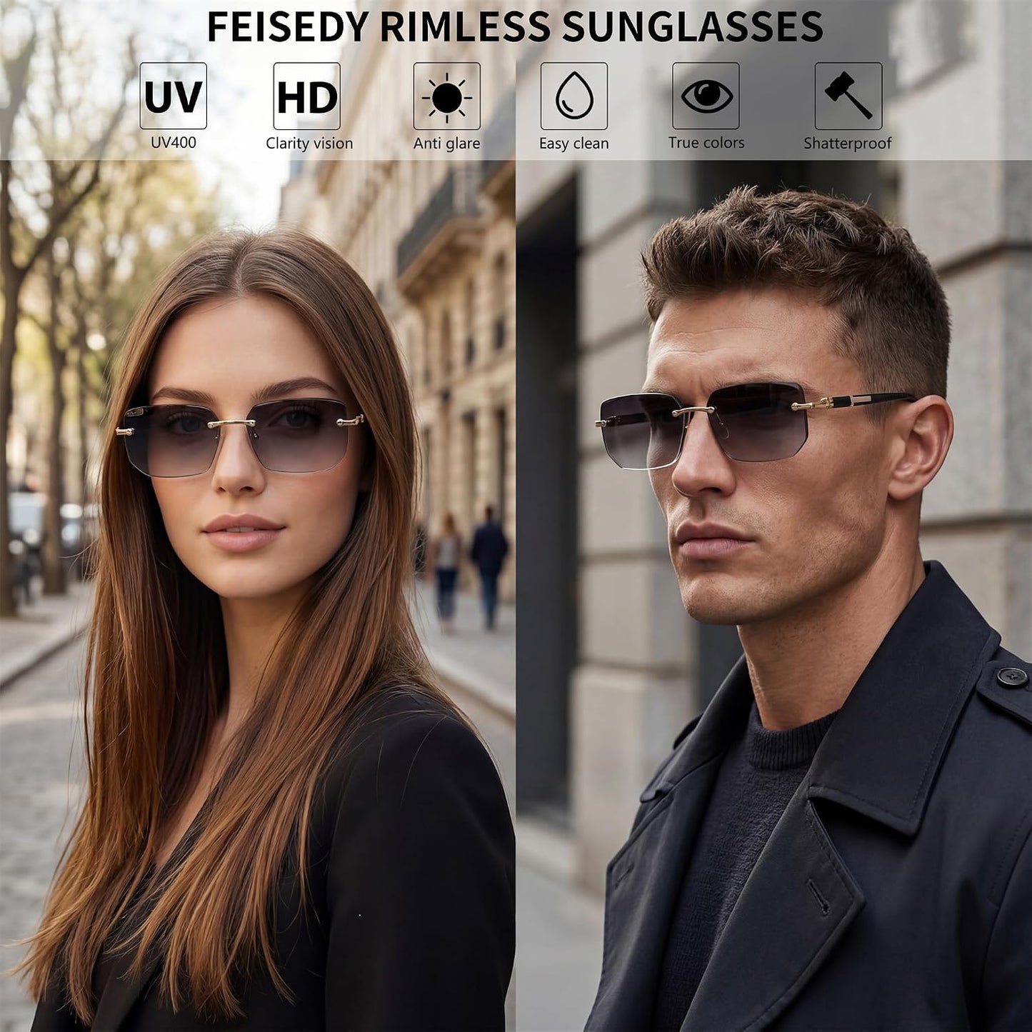 商品图片 45 | B0CY2Q4VW1 | FEISEDY Rimless Sunglasses Y2K Retro Small Narrow Rectangle Shades B2643