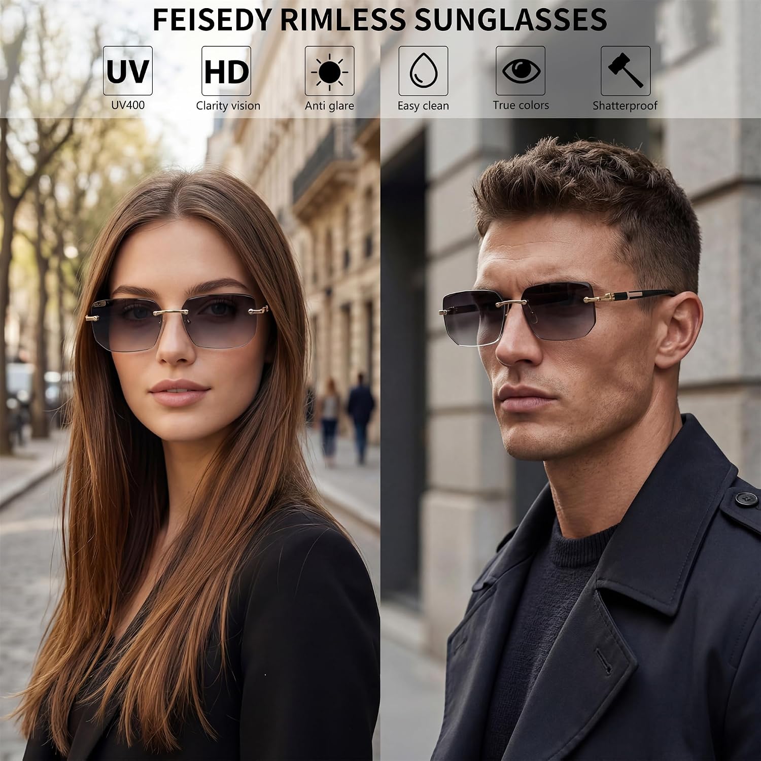 商品图片 45 | B0CY2Q4VW1 | FEISEDY Rimless Sunglasses Y2K Retro Small Narrow Rectangle Shades B2643