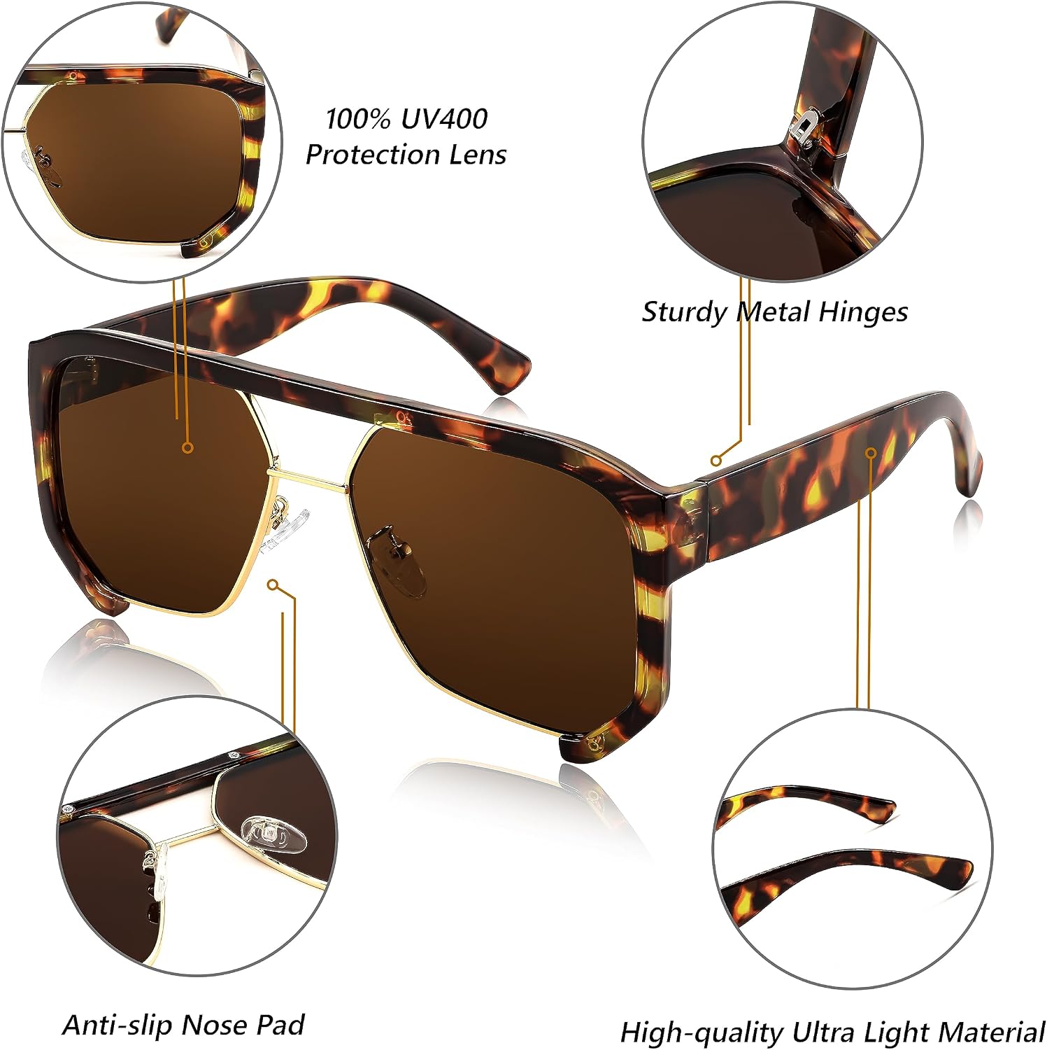 商品图片 3 | B0CBVDGZCB | FEISEDY Men Women Sunglasses Aviator, Square 70s Frame, Vintage Retro Trendy UV400 Sun Glasses B2398