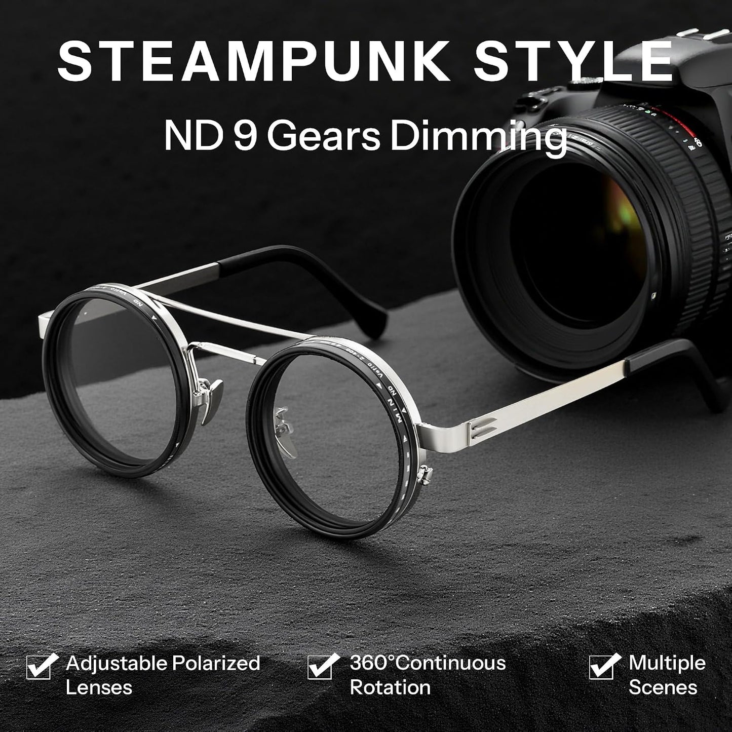 商品图片 39 | B0FK1DDVSV | FEISEDY Adjustable Sunglasses Polarized Men, Round Metal ND Filter B1400