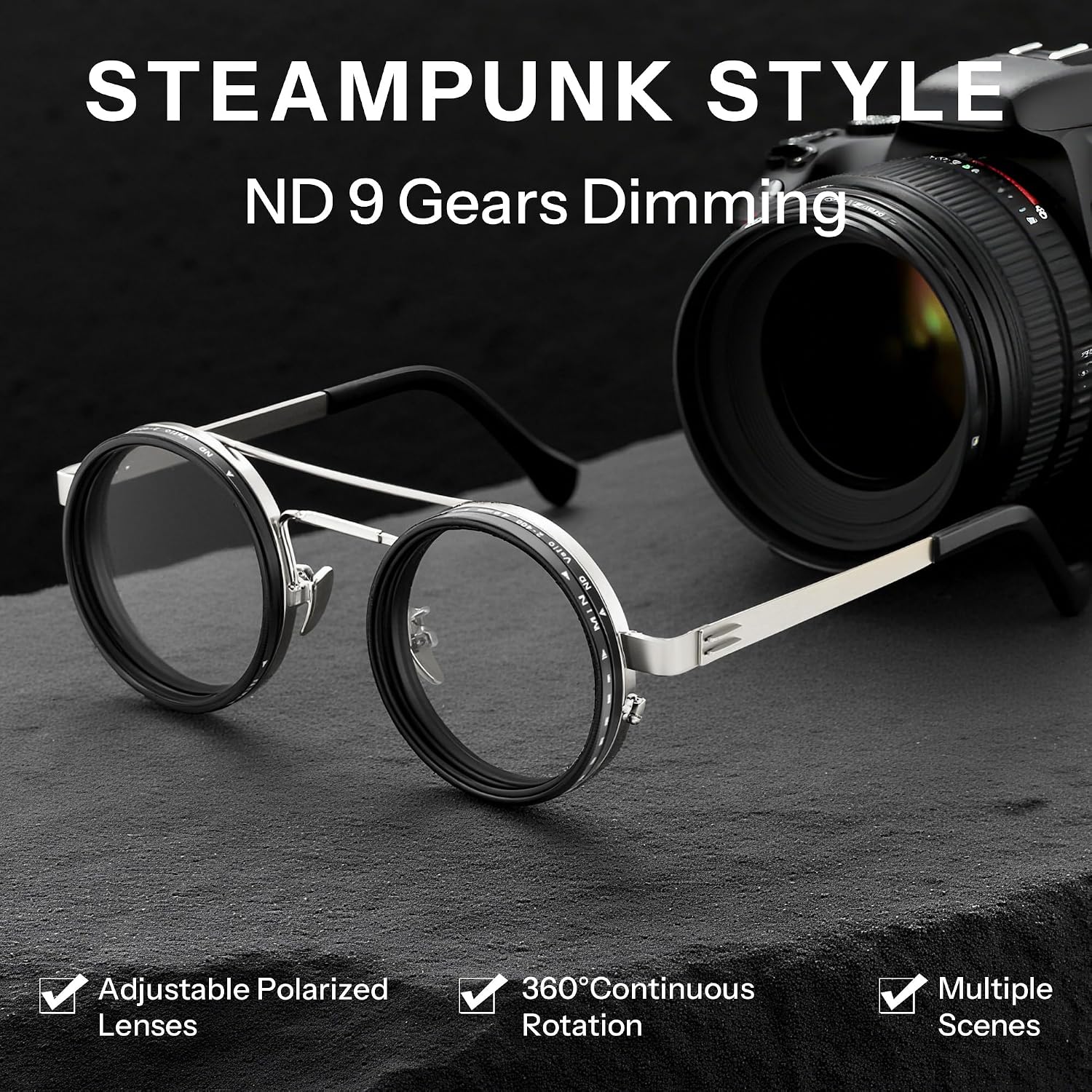 商品图片 39 | B0FK1DDVSV | FEISEDY Adjustable Sunglasses Polarized Men, Round Metal ND Filter B1400