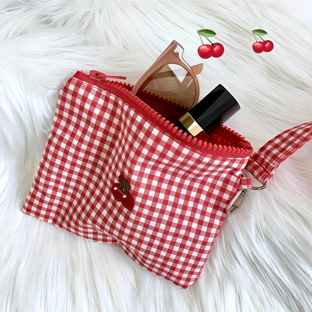 商品图片 3 | B0H2HN71LH | Cherry Coin Purse, Red Checkered Embroidered Cherry Canvas Makeup Bag, Sanitary Napkin Storage Pouch with Wrist Strap