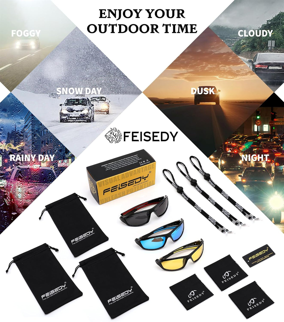 ÉÌƷͼƬ 24 | B0FG2NFPX3 | FEISEDY 3 Pack Polarized Sports Sunglasses for Men, Wrap Around Frame, UV400 Protection, Fishing Driving Cycling B2674