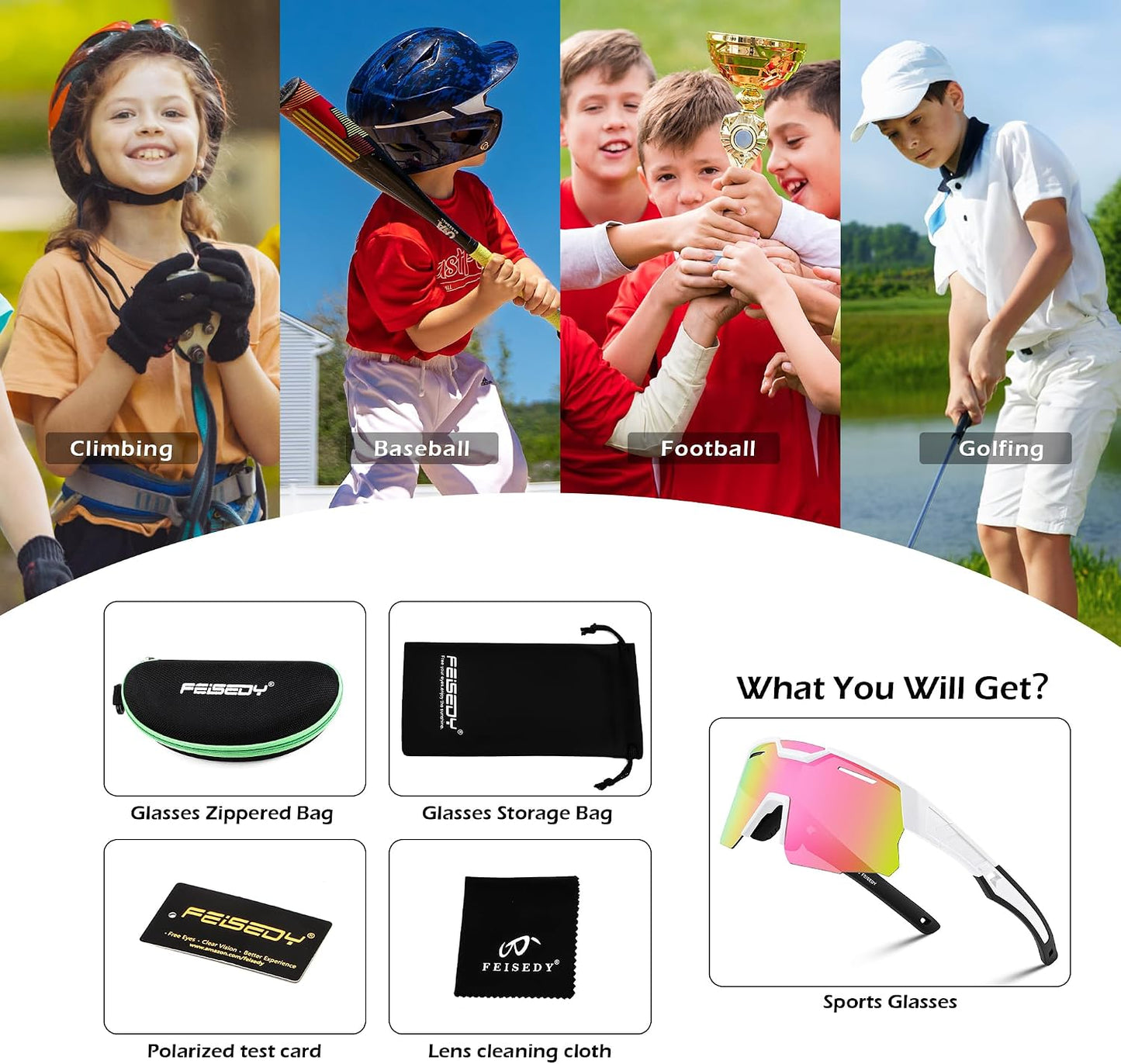 商品图片 49 | B0D78P6WRV | FEISEDY Kids Teens Baseball Polarized Sunglasses Sports Cycling Glasses for Youth Boys Girls Age 8-16 B0157