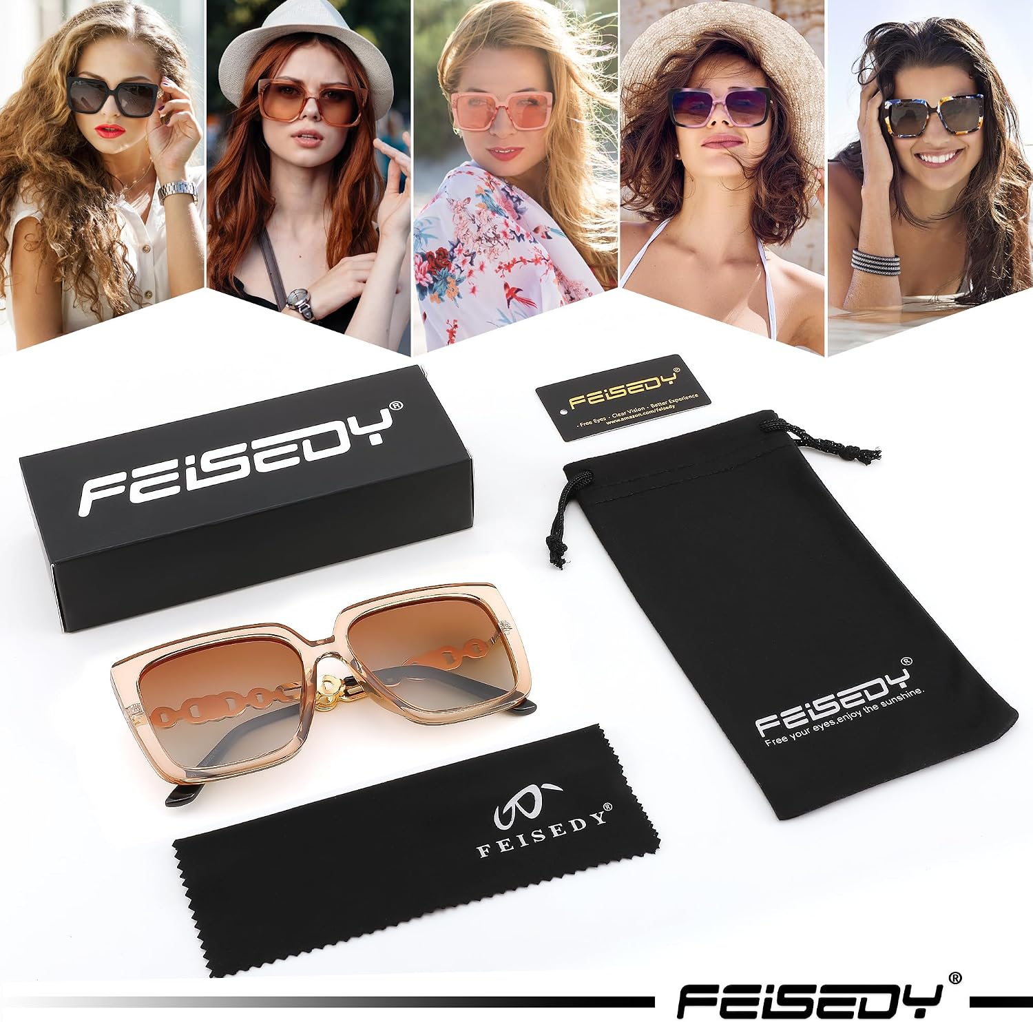 商品图片 63 | B08HVPGJW5 | FEISEDY Sunglasses Womens Trendy, Oversized Square Shades, Pearl Inlay Cat Eye Frame UV400 Protection B2625