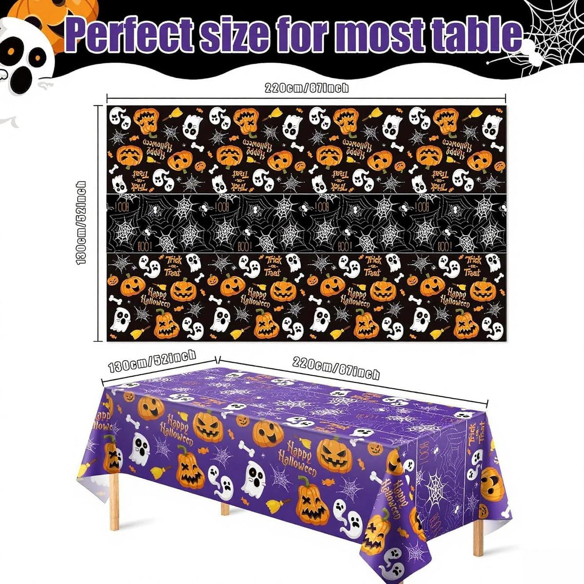 商品图片 6 | B0FLXC9QDS | Tablecloth (2 Pack) 51.2 x 86.6 Inch Disposable Plastic Table Cover for Party Ghost/Bone/Ghost Face Pumpkin Decorations Birthday Party Indoor Outdoor Decor