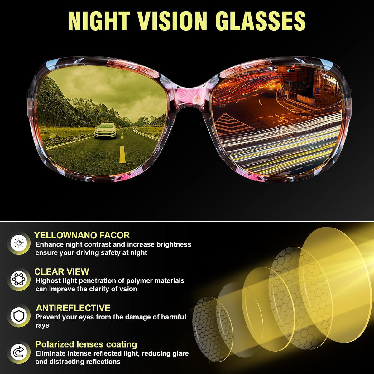 ÉÌƷͼƬ 4 | B081YY5RM3 | FEISEDY Classic Womens Night Glasses Driving Anti Glare Wrap Around Yellow Sunglasses B2548