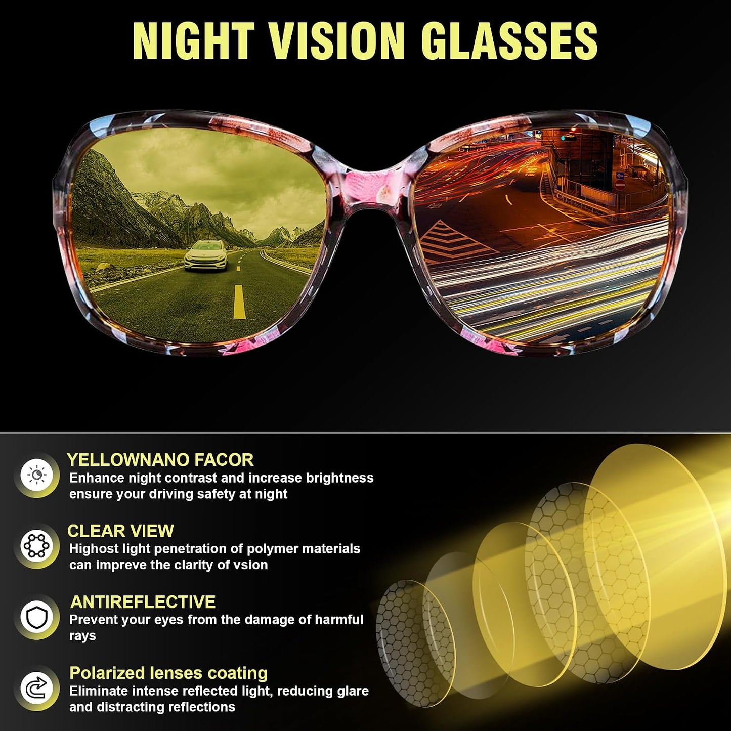 商品图片 4 | B081YY5RM3 | FEISEDY Classic Womens Night Glasses Driving Anti Glare Wrap Around Yellow Sunglasses B2548