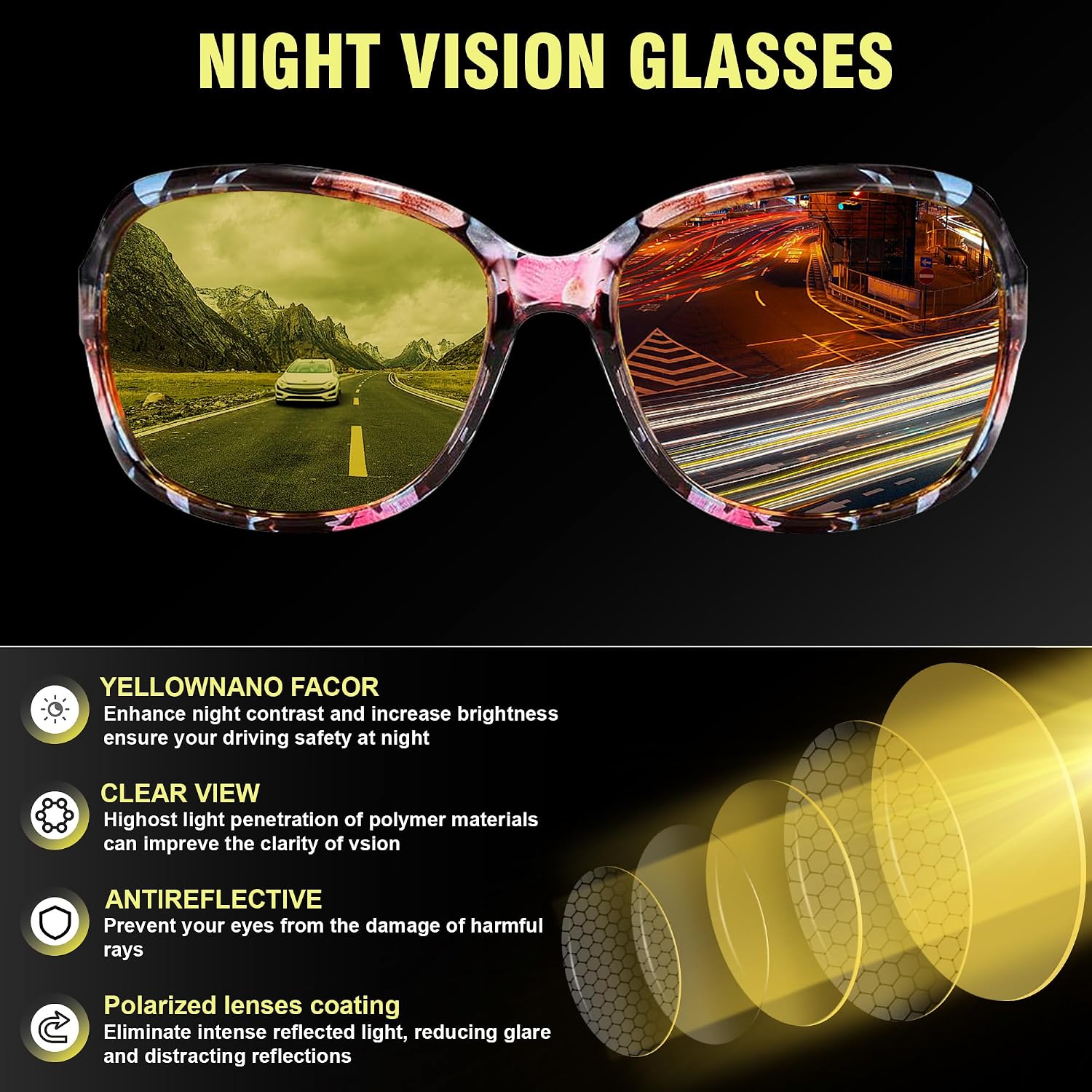 商品图片 4 | B081YY5RM3 | FEISEDY Classic Womens Night Glasses Driving Anti Glare Wrap Around Yellow Sunglasses B2548
