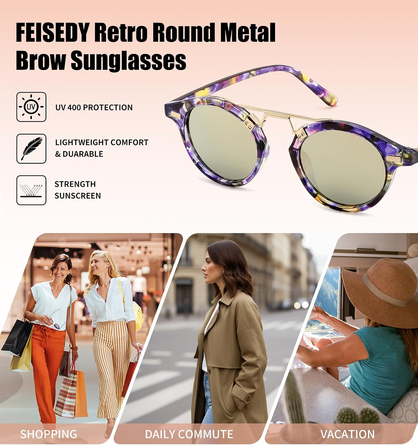 商品图片 12 | B0GX62YR7C | FEISEDY Retro Round Metal Brow Sunglasses for Women for Small Face B0427