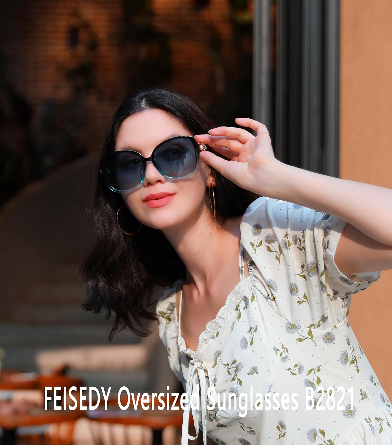 商品图片 10 | B0BJ71VZCB | FEISEDY Women's Fashion Sunglasses, Oversized Square Frame with Pearl Sparkling, Polarized UV Protection B2821