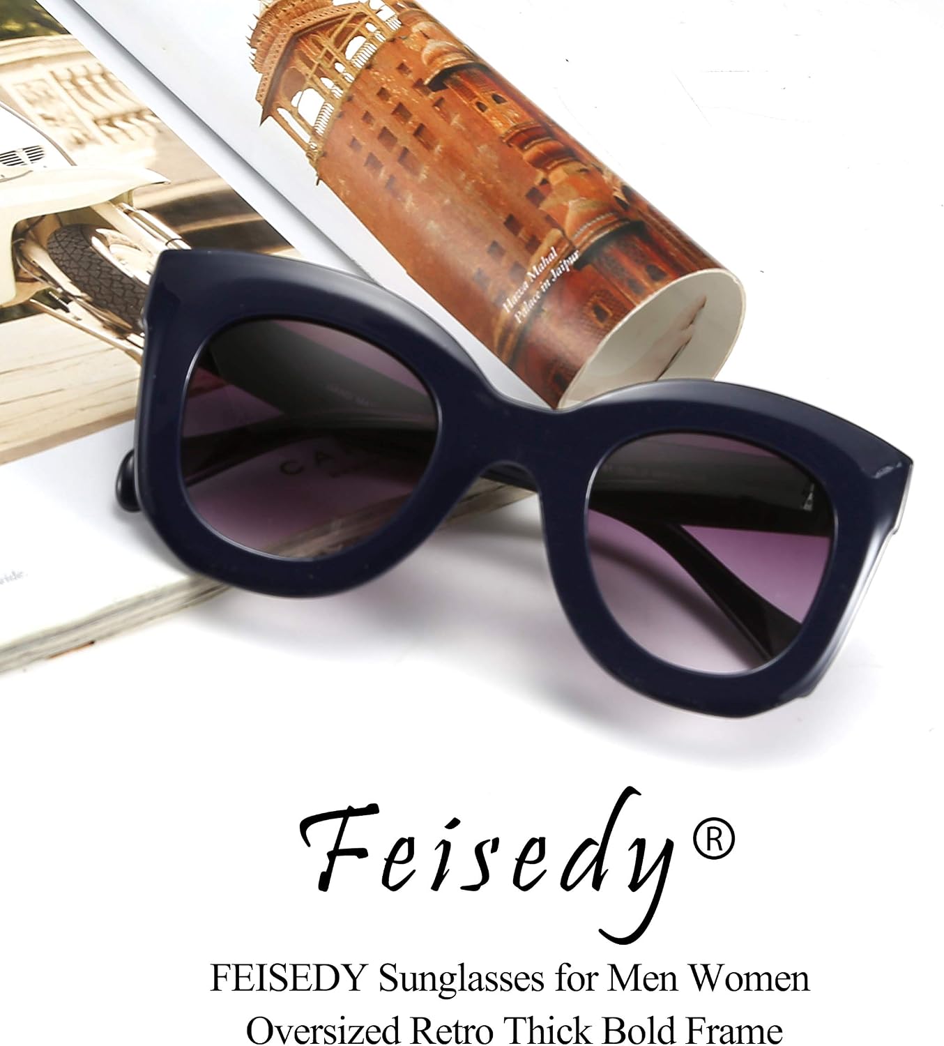 商品图片 25 | B083TZVTXV | FEISEDY Retro Oversized Square Horn Sunglasses Semi Cat Eye Butterfly Glass Big Thick Bold Frame B2572