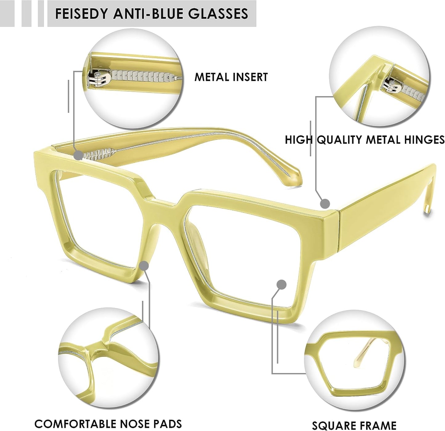 商品图片 13 | B0CDBH37B5 | FEISEDY Oversized Blue Light Glasses for Women Men TR90 Retro Square Anti Eyestrain Glasses Rectangle Fashion Frame B0037