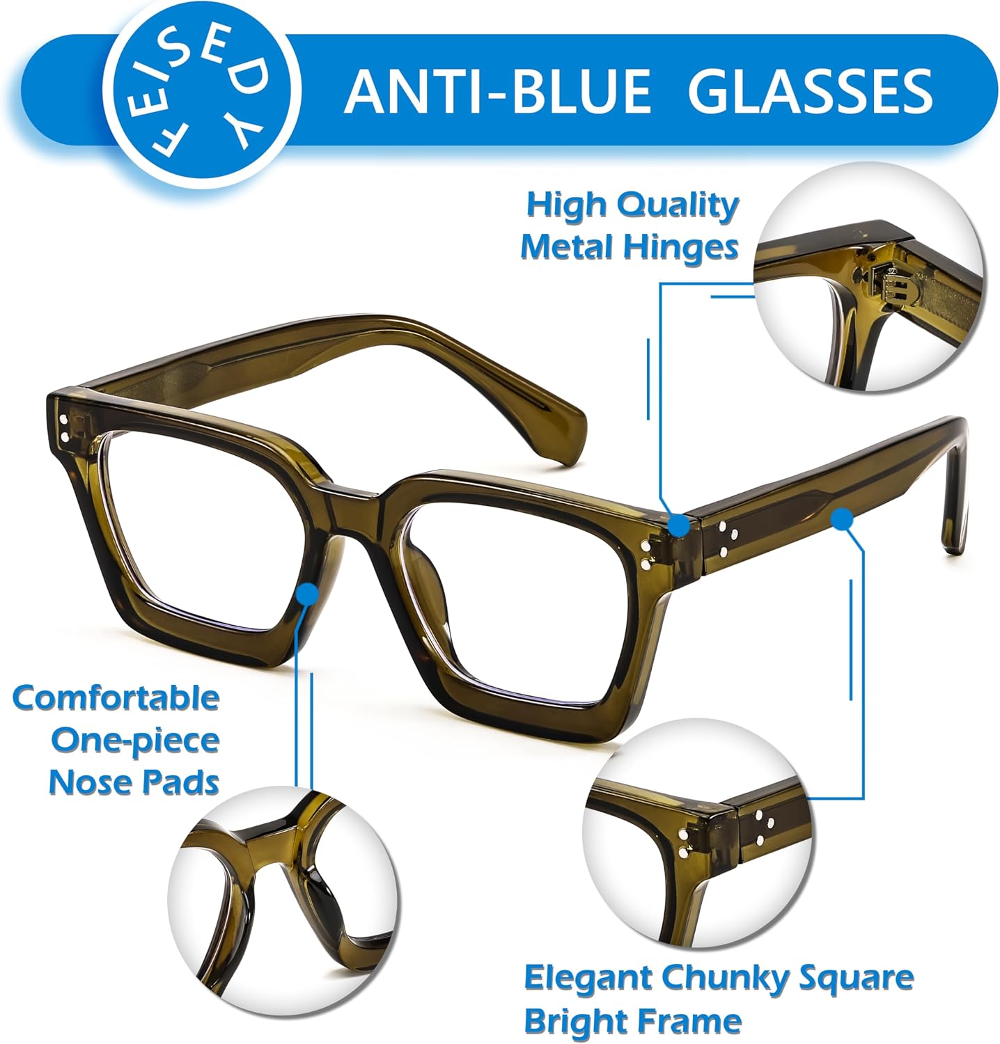 商品图片 4 | B0CWRK3FFF | FEISEDY Blue Light Blocking Glasses Women Men Chunky Square Computer Glasses B0101
