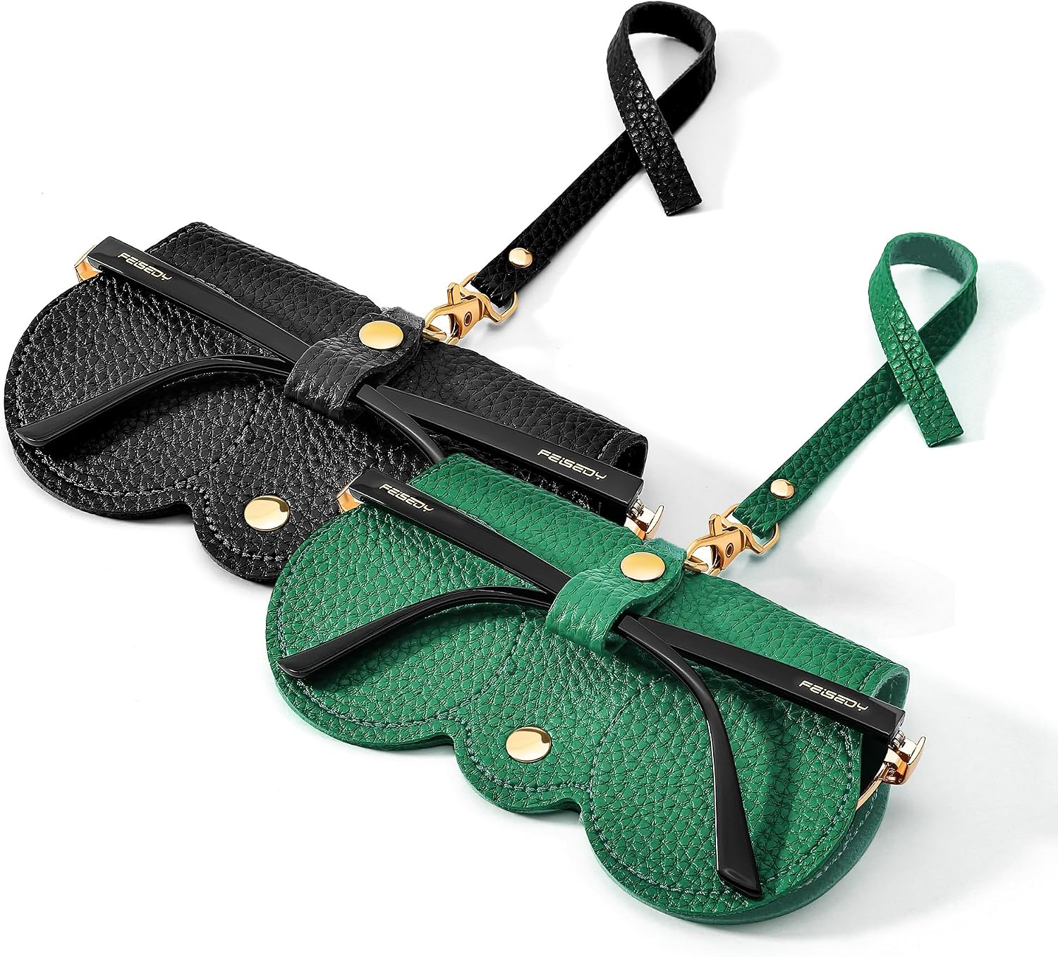Black+green | B0FQHP9YFH | FEISEDY 2Pack Soft Leather Sunglass Bag, Portable Holder Eyeglasses Case | Lightweight Portable Design, With Button Clip Wrist Strap for Travel Daily Use B0049