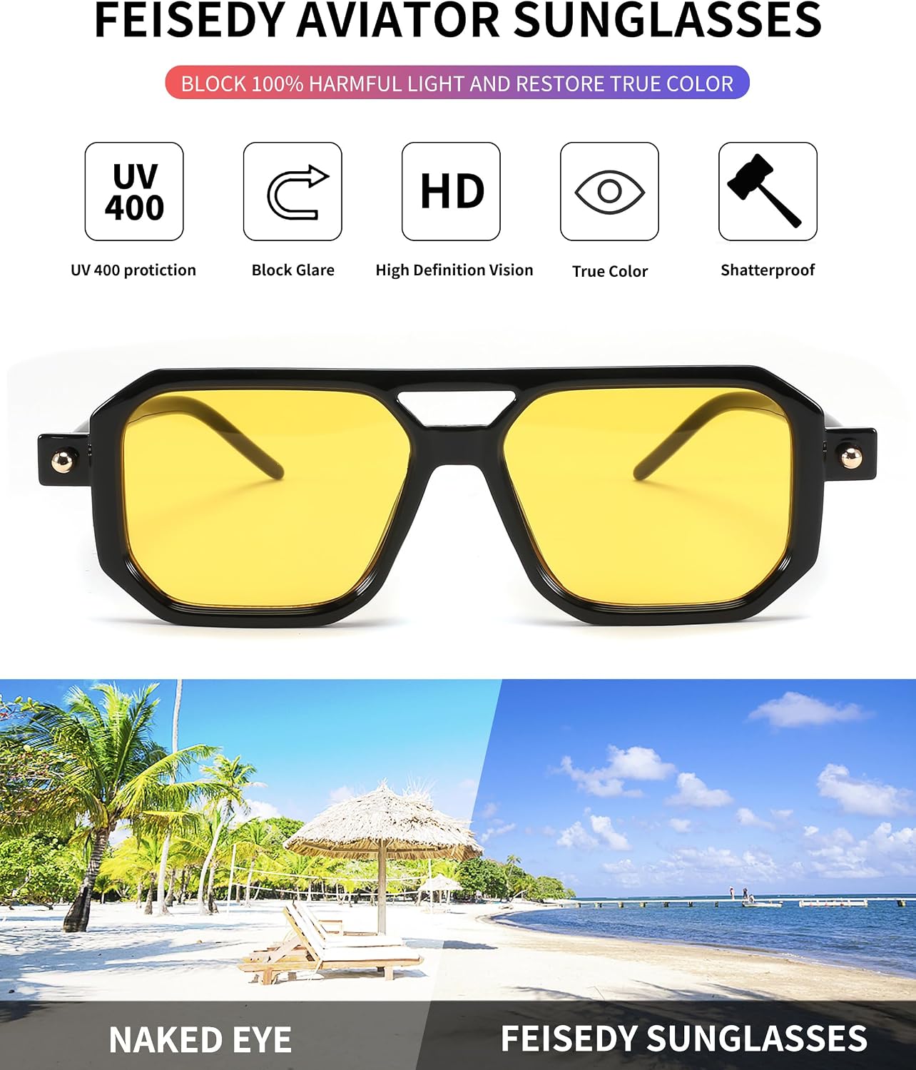 商品图片 211 | B09YTJ4FQZ | FEISEDY Vintage Square 70s Flat Aviator Sunglasses Women Men Classic Retro Stylish Frame UV400 Sunglasses B2622