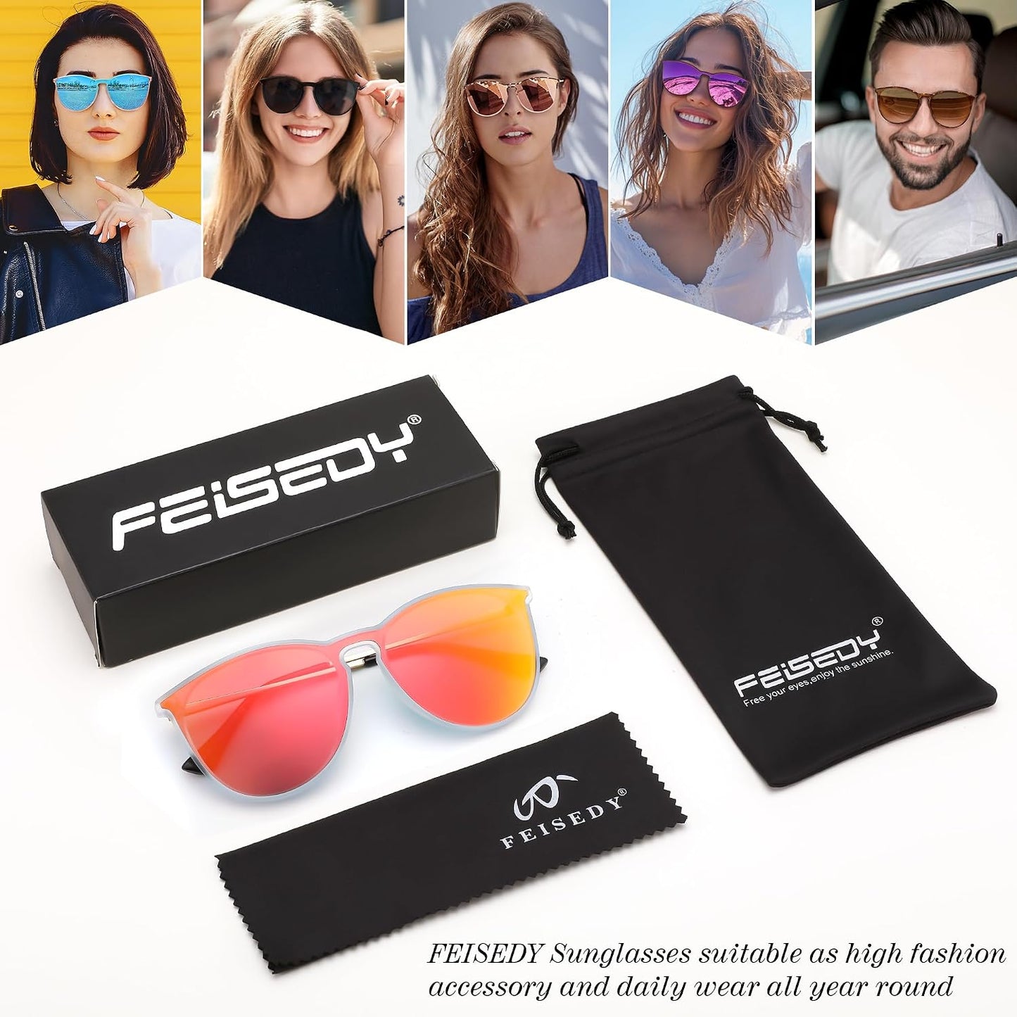 商品图片 23 | B0DGCPG41T | FEISEDY Sunglasses for Women Men Retro Round Cateye Designer Cute Mirrored UV Protection Lens B0210