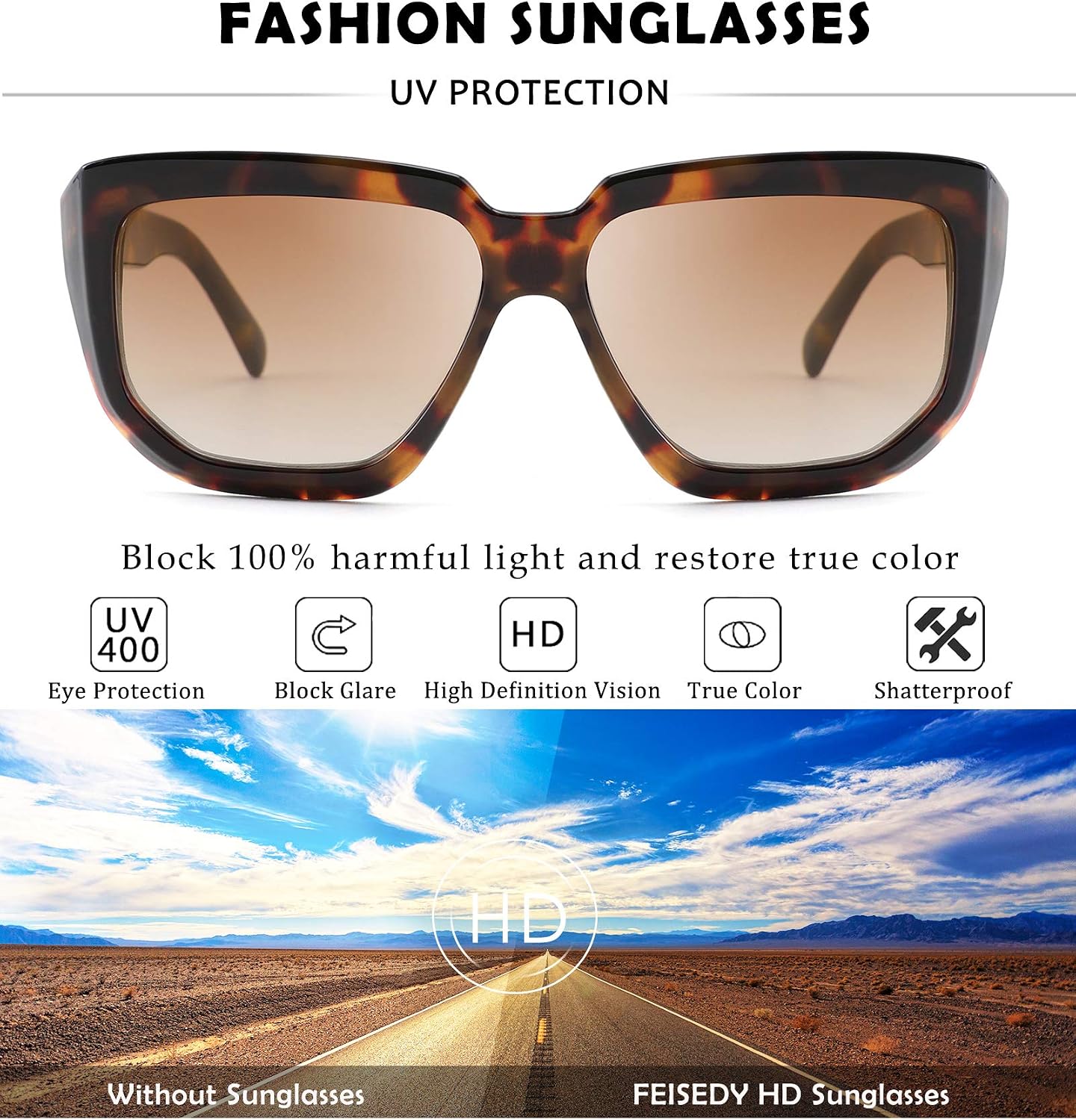 商品图片 18 | B08PD9KPH8 | FEISEDY Women Retro Square Sunglasses Trendy Shield Flat Top Shades B2717