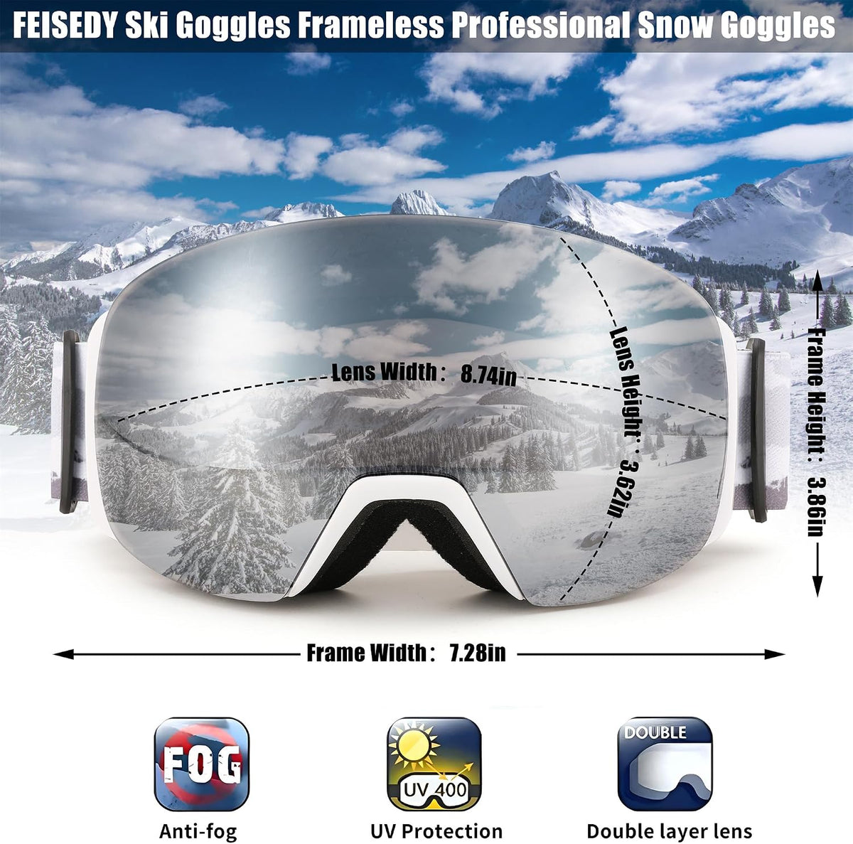 商品图片 7 | B0CD3JFB1C | FEISEDY Magnetic Ski Goggles for Men Women Youth Frameless Snow Goggles 100% UV Protection Snowboard Goggles B0020