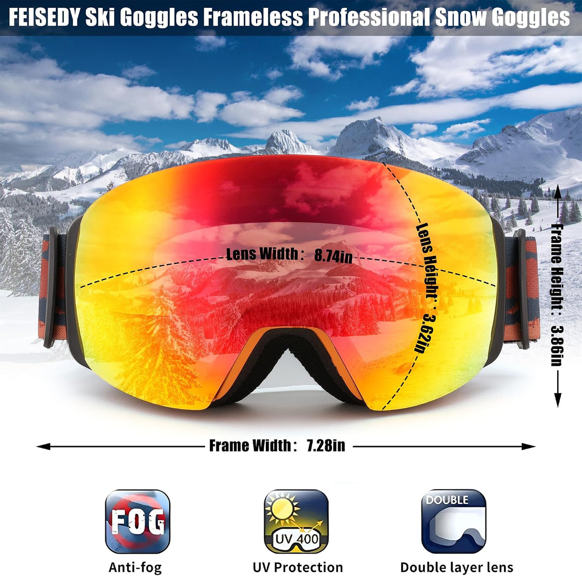 商品图片 28 | B0CD3JFB1C | FEISEDY Magnetic Ski Goggles for Men Women Youth Frameless Snow Goggles 100% UV Protection Snowboard Goggles B0020