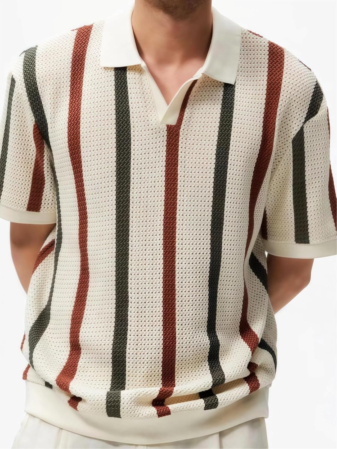 商品图片 2 | B0GF1QQM1S | Striped Short Sleeve Shirt for Men, Collar Without Buckle, Ventilate Knit Mesh Retro Polo Top, Summer Casual Style