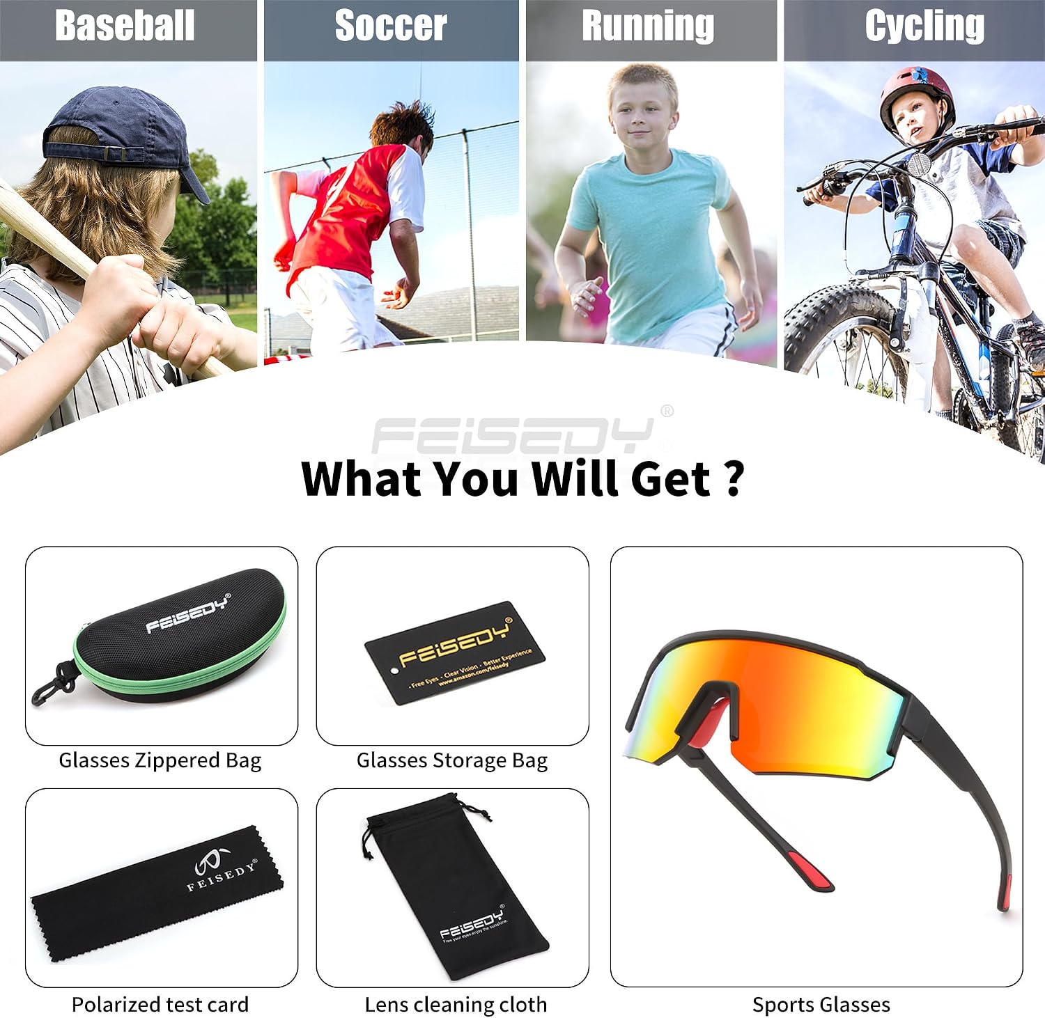 商品图片 27 | B0D95W5582 | FEISEDY Kids Sunglasses Youth Baseball Polarized Sunglasses Sports Lightweight TR90 Frame Boys Girls Cycling B0213