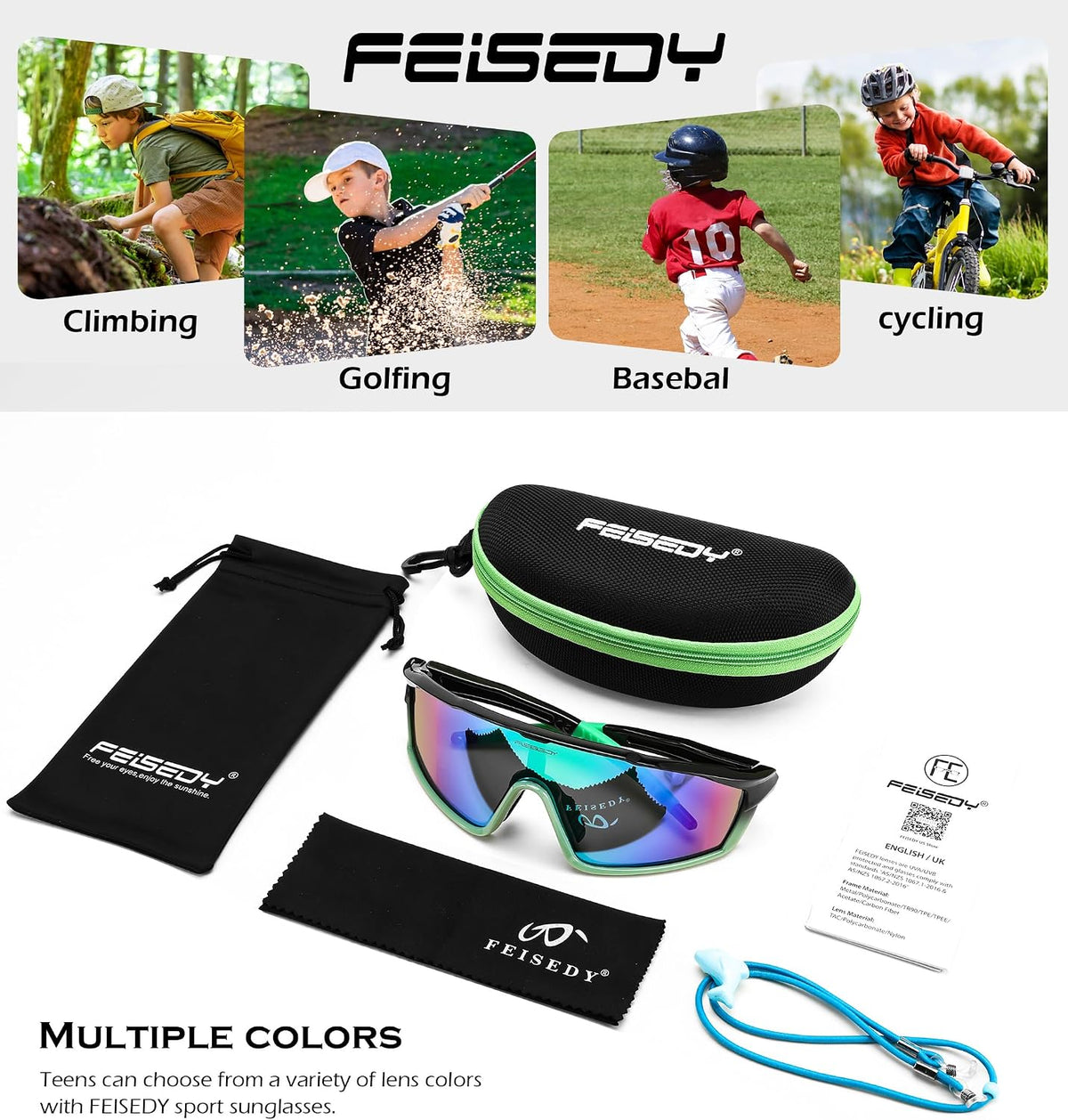 ÉÌƷͼƬ 28 | B0DFLMHFF6 | FEISEDY Kids Teens Baseball Polarized Sunglasses Lightweight TR90 Frame UV400 Sports Cycling Shades for Boys Girls B0186