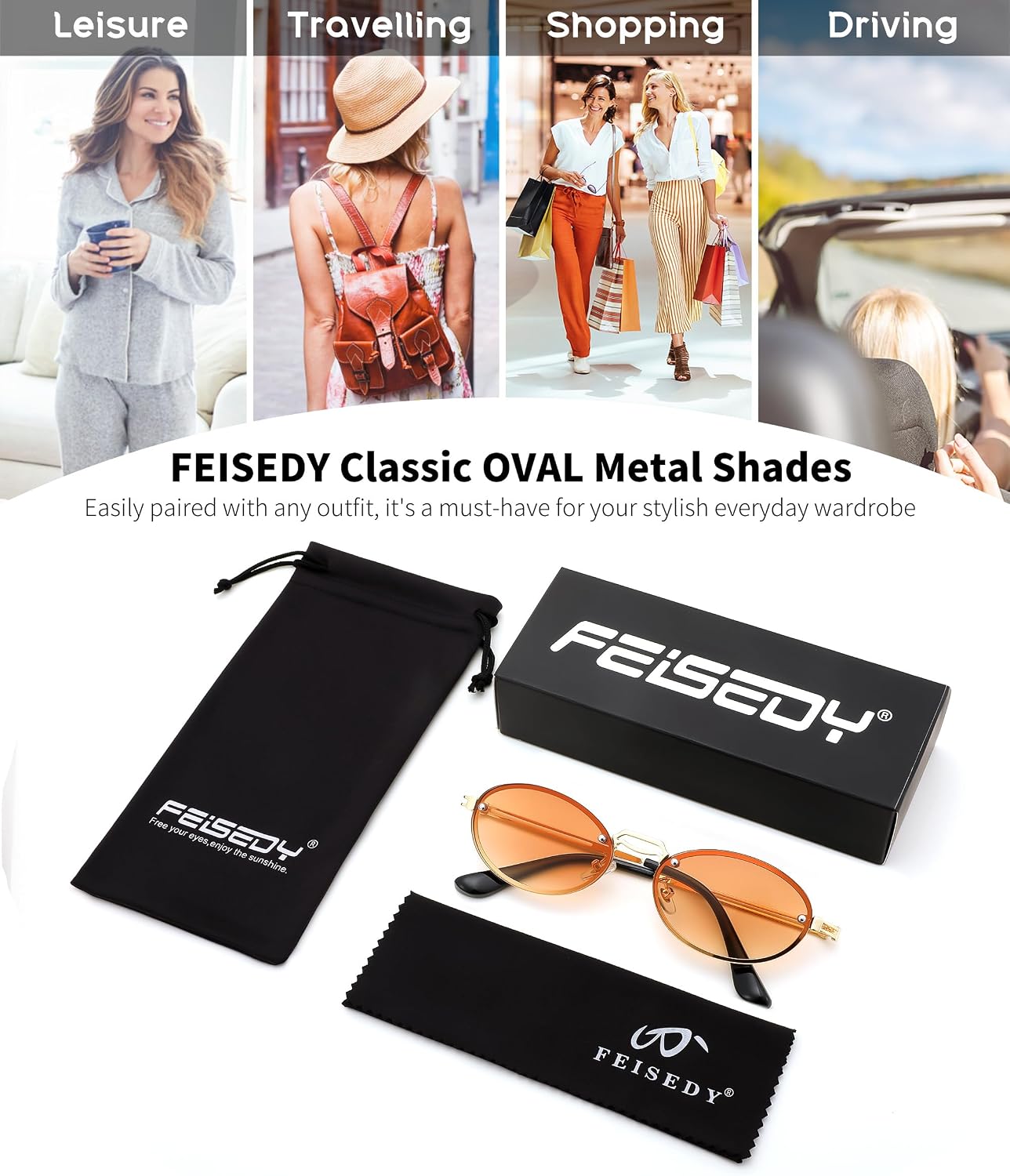 商品图片 6 | B0DGPQ2BTK | FEISEDY Retro Oval Sunglasses for Women Men Trendy Sun Glasses Classic Metal Shades UV400 Protection B0245