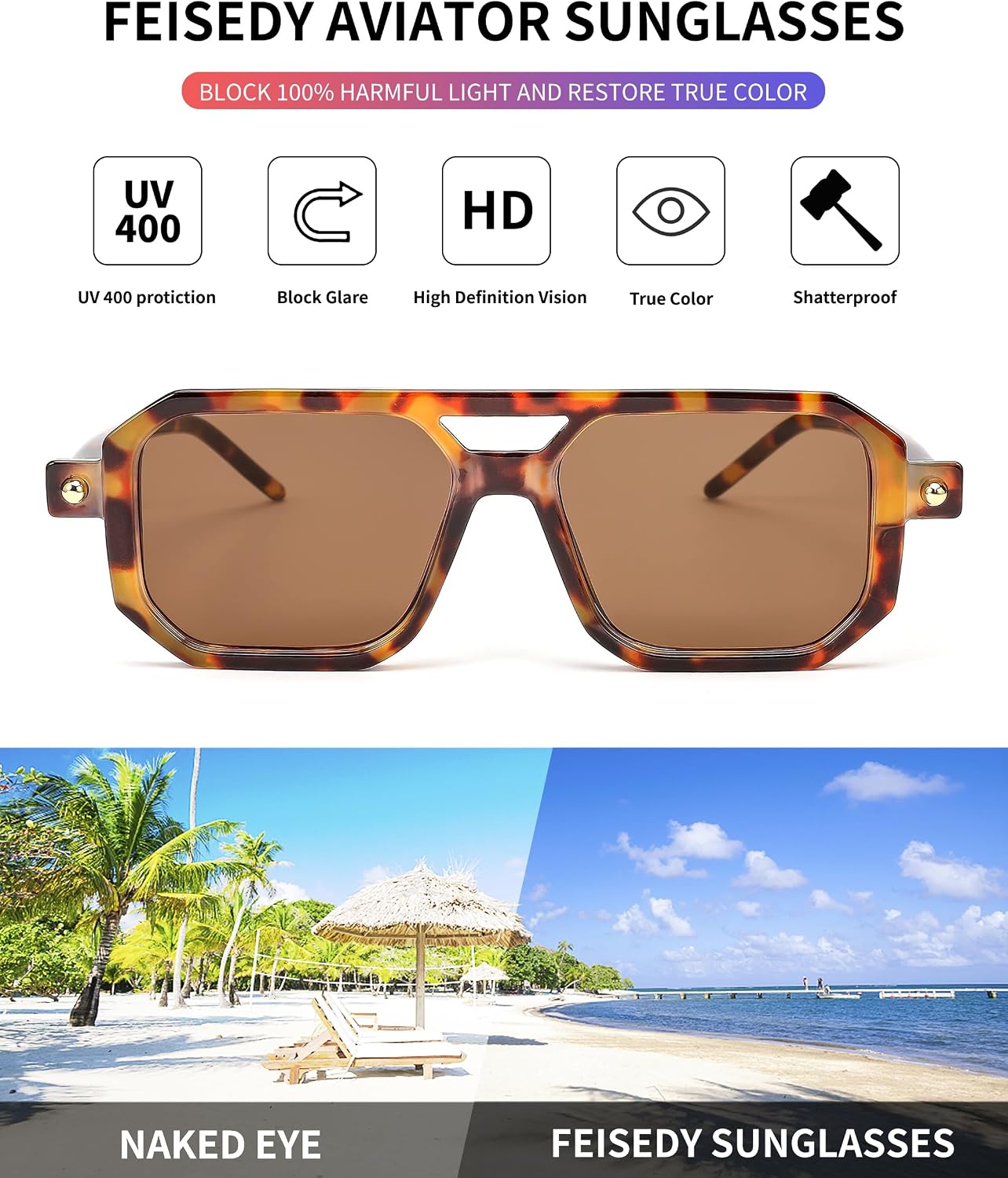商品图片 4 | B09YTJ4FQZ | FEISEDY Vintage Square 70s Flat Aviator Sunglasses Women Men Classic Retro Stylish Frame UV400 Sunglasses B2622