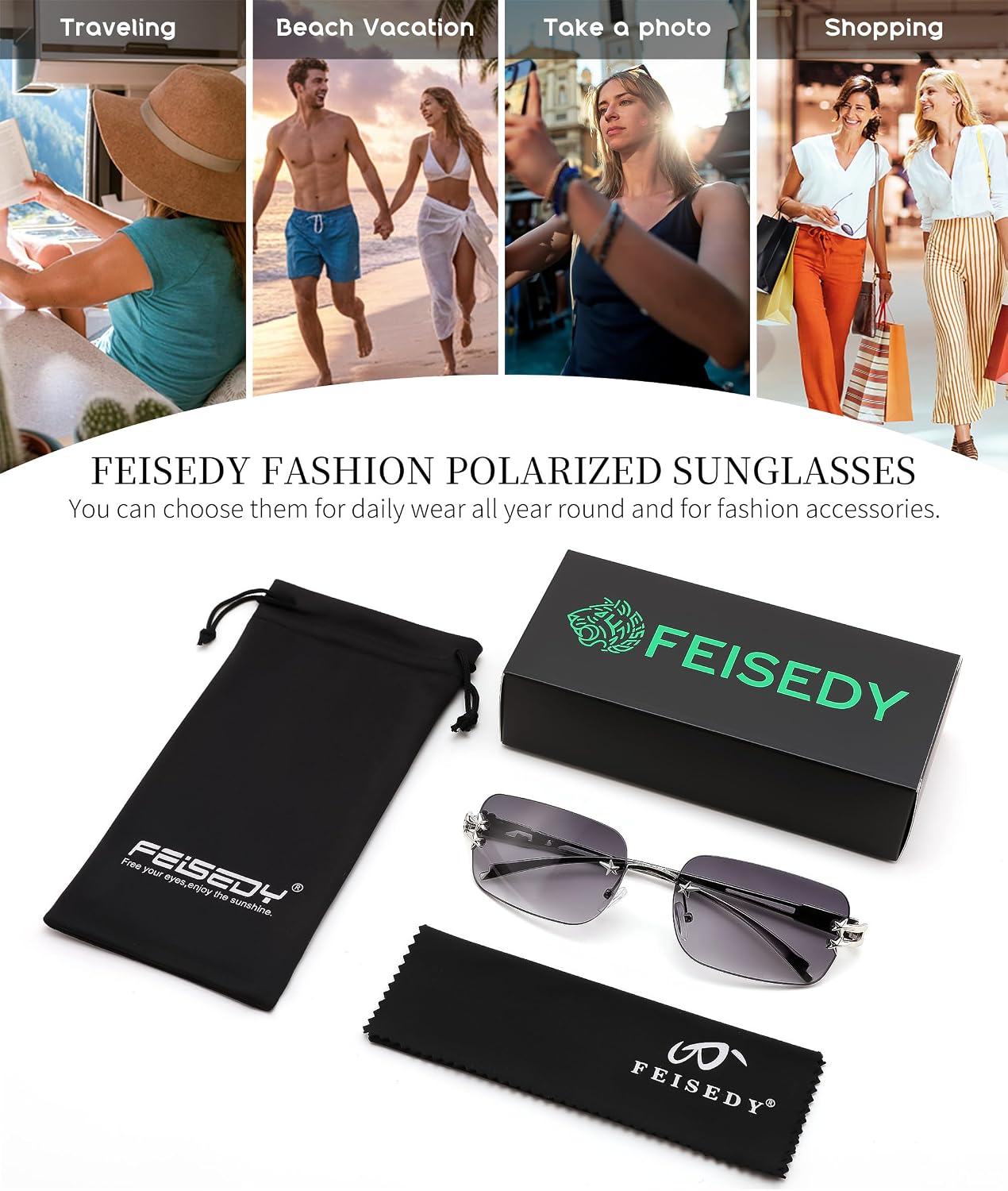 商品图片 19 | B0GX6FSM23 | FEISEDY Retro Rimless Rectangle Y2K Tinted Sunglasses for Women Men B0423