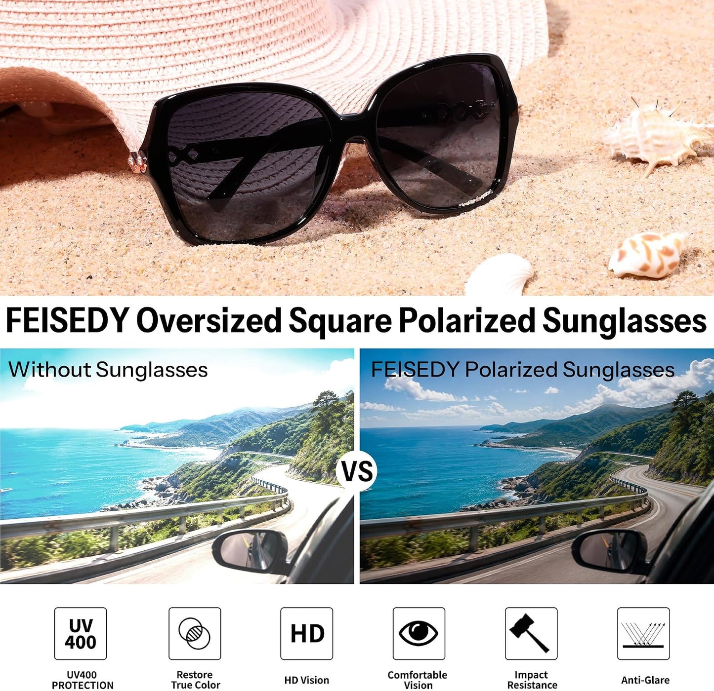 商品图片 3 | B0H8N95LQC | FEISEDY Retro Polarized Sunglasses for Women Chunky Square Frame B0464