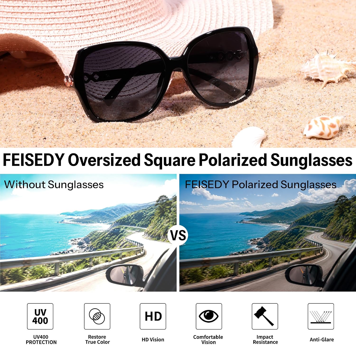 商品图片 3 | B0H8N95LQC | FEISEDY Retro Polarized Sunglasses for Women Chunky Square Frame B0464
