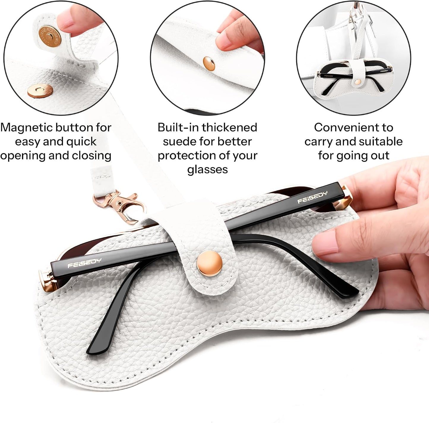 商品图片 24 | B0FMY27LR3 | FEISEDY Sunglass Case, 2Pcs Soft Leather Eyeglass Cases for Women | Slim Portable Glasses Holder, with Button-Closure Wrist Strap for Travel & Outdoor B0308