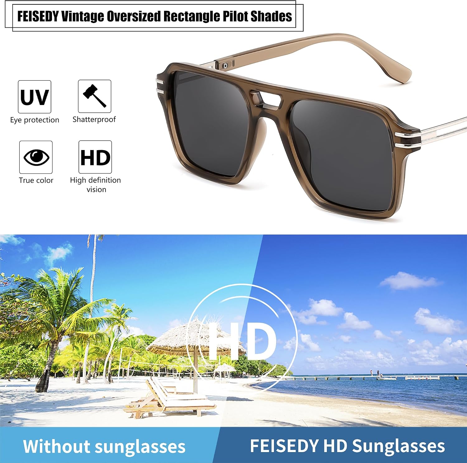商品图片 10 | B0GVNPDBZQ | FEISEDY Retro Aviator Sunglasses Women Men 70s Trendy Square Shades B0422