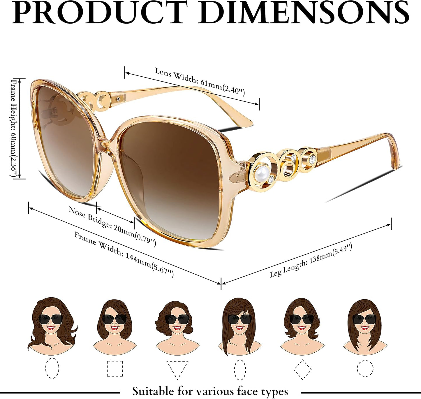 商品图片 38 | B0BJ71VZCB | FEISEDY Women's Fashion Sunglasses, Oversized Square Frame with Pearl Sparkling, Polarized UV Protection B2821