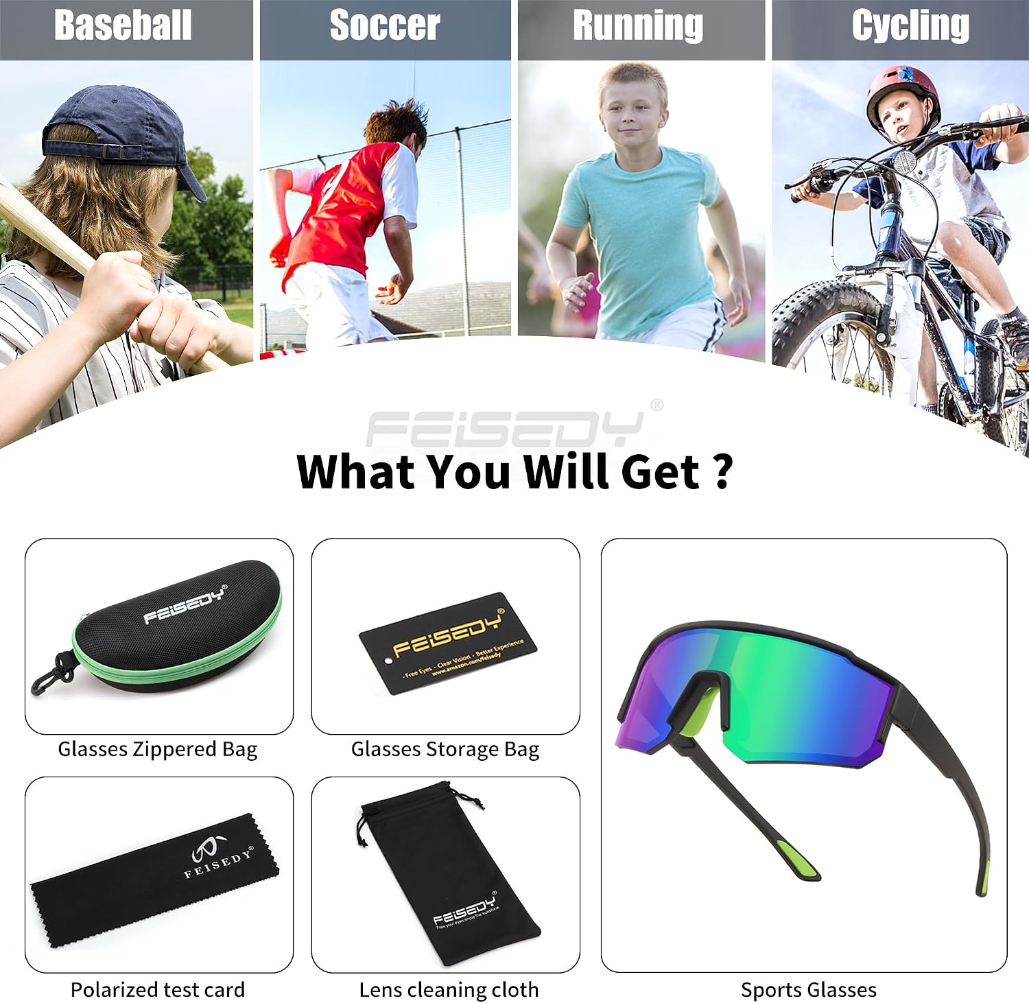商品图片 6 | B0D95W5582 | FEISEDY Kids Sunglasses Youth Baseball Polarized Sunglasses Sports Lightweight TR90 Frame Boys Girls Cycling B0213