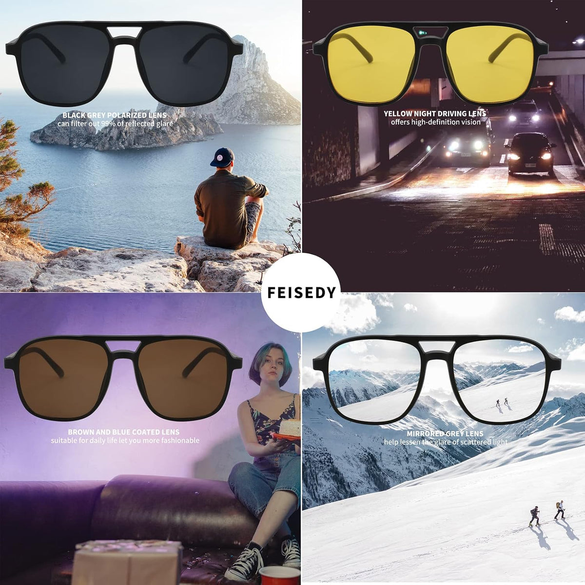 商品图片 4 | B09R13L9H4 | FEISEDY Magnetic Clip on Sunglasses TR90 Frame TAC 5pcs Replacement Lens Set Sunglasses for Men Women B2884