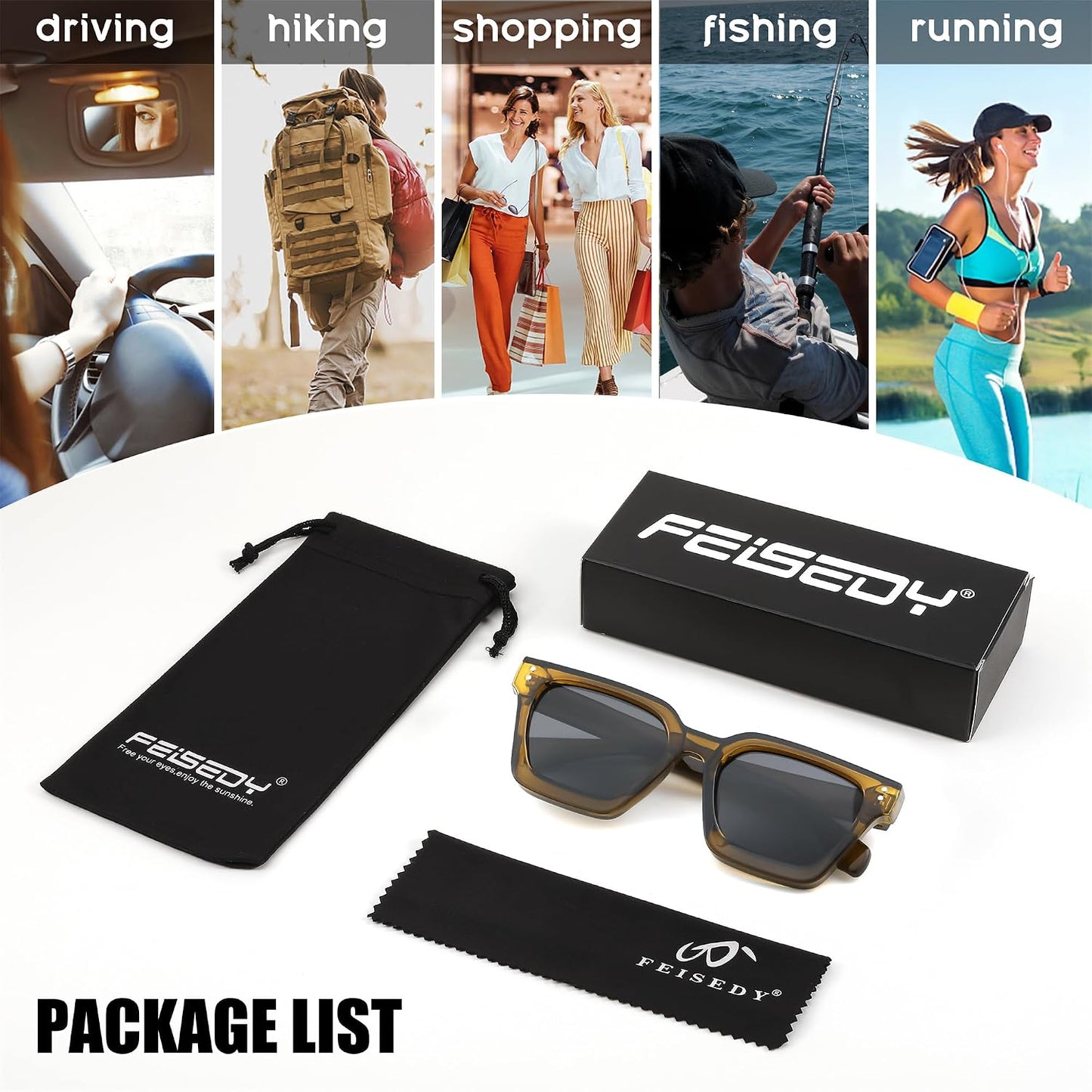 商品图片 16 | B0C9J9VMJL | FEISEDY Sunglasses Men Women Polarized, Chunky Square Thick Frame, Rectangle UV400 Shade Sun Glasses B2396