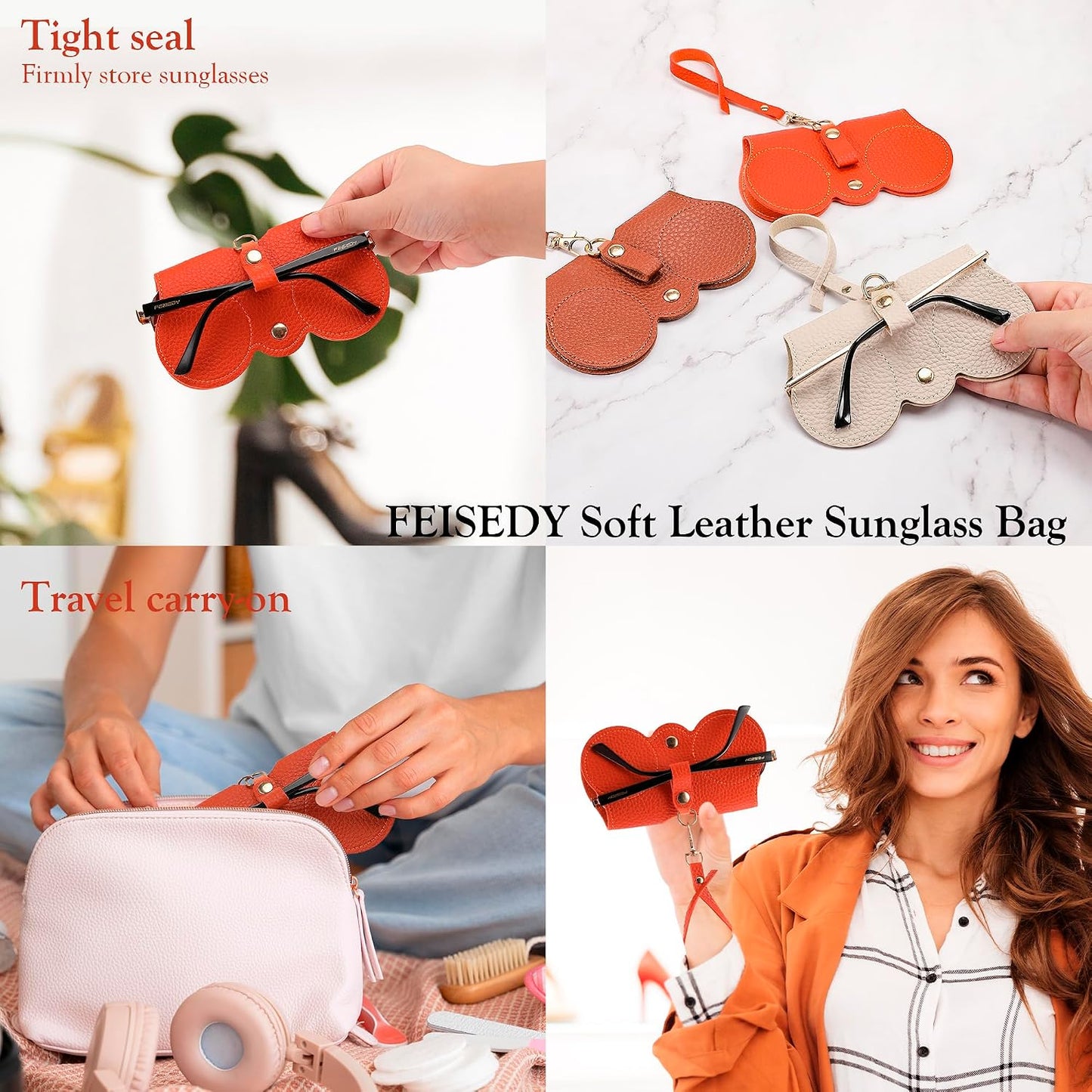 商品图片 4 | B0CFPPR4K1 | FEISEDY 2Pack Soft Leather Sunglass Bag, Portable Holder Eyeglasses Case | Lightweight Portable Design, With Button Clip Wrist Strap for Travel Daily Use B0049