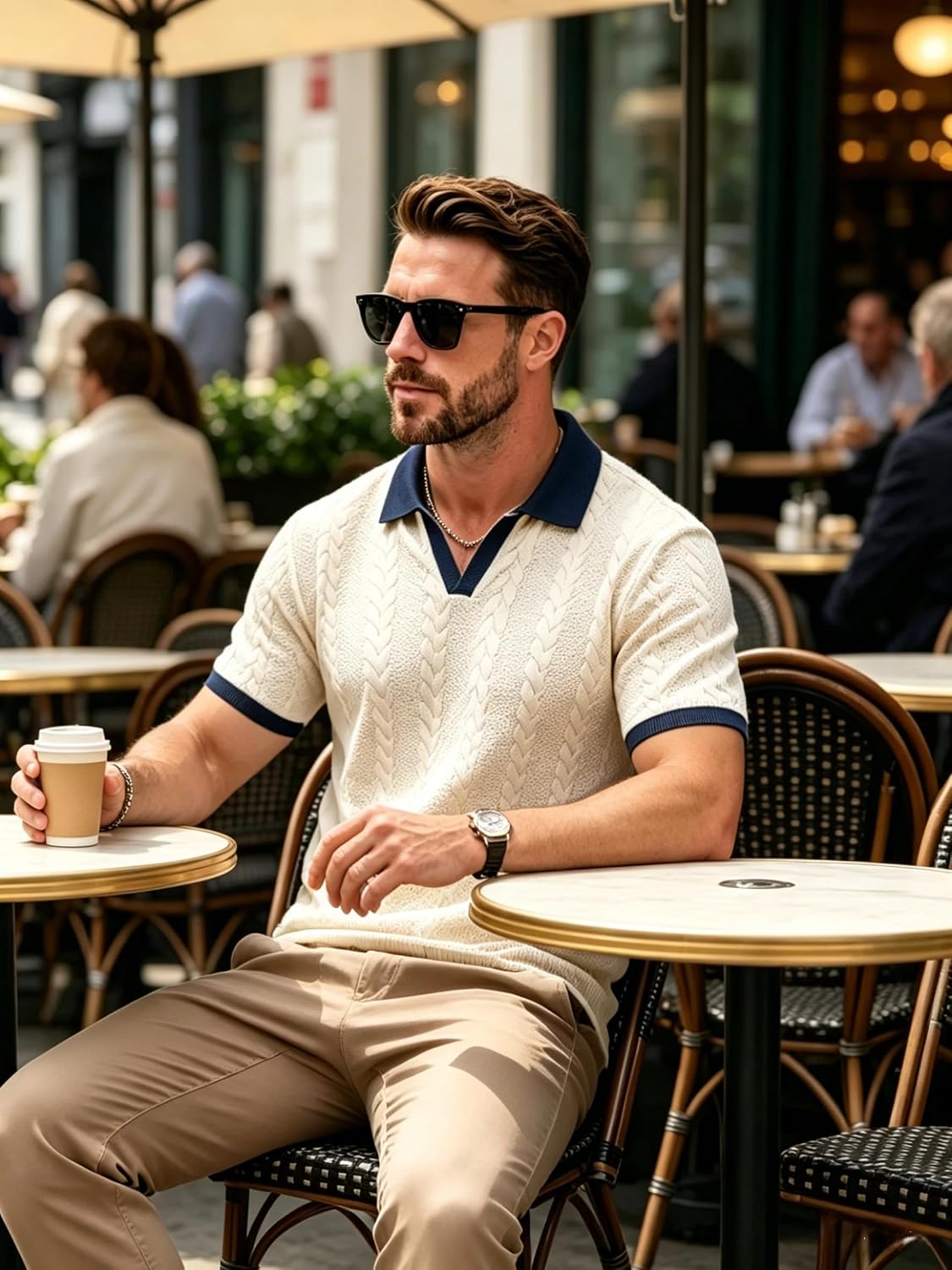 商品图片 5 | B0GXVR6TPS | Men's Casual Polo Shirts V Neck Contrast Collar Bubble Jacquard Short Sleeve Super Stretch True Classic Polos for Men