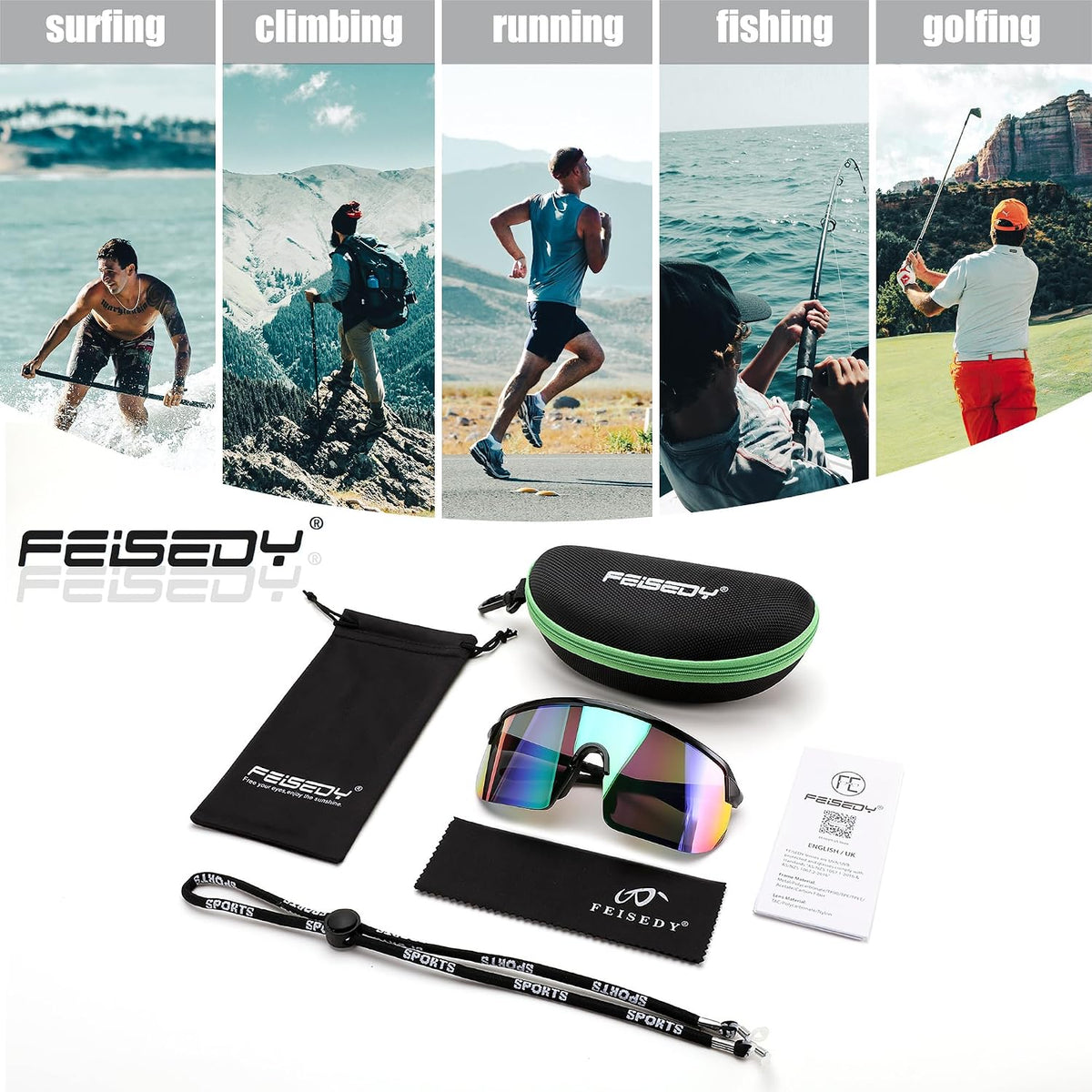 ÉÌƷͼƬ 6 | B0DGTRTMPX | FEISEDY Sports Sunglasses for Men and Women, Large Rectangular Lens, Baseball Cycling Running Sunglasses B0243