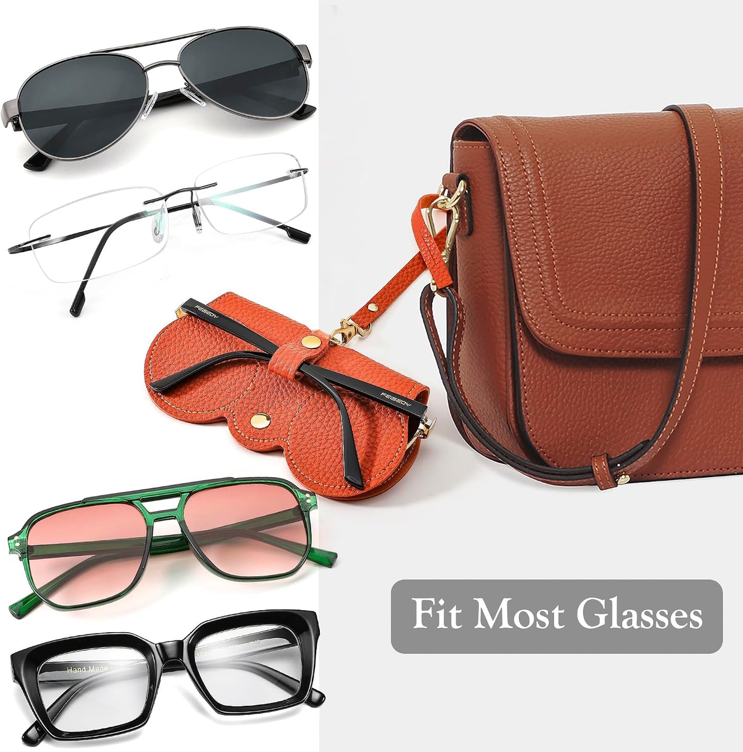 商品图片 31 | B0CFPPR4K1 | FEISEDY 2Pack Soft Leather Sunglass Bag, Portable Holder Eyeglasses Case | Lightweight Portable Design, With Button Clip Wrist Strap for Travel Daily Use B0049