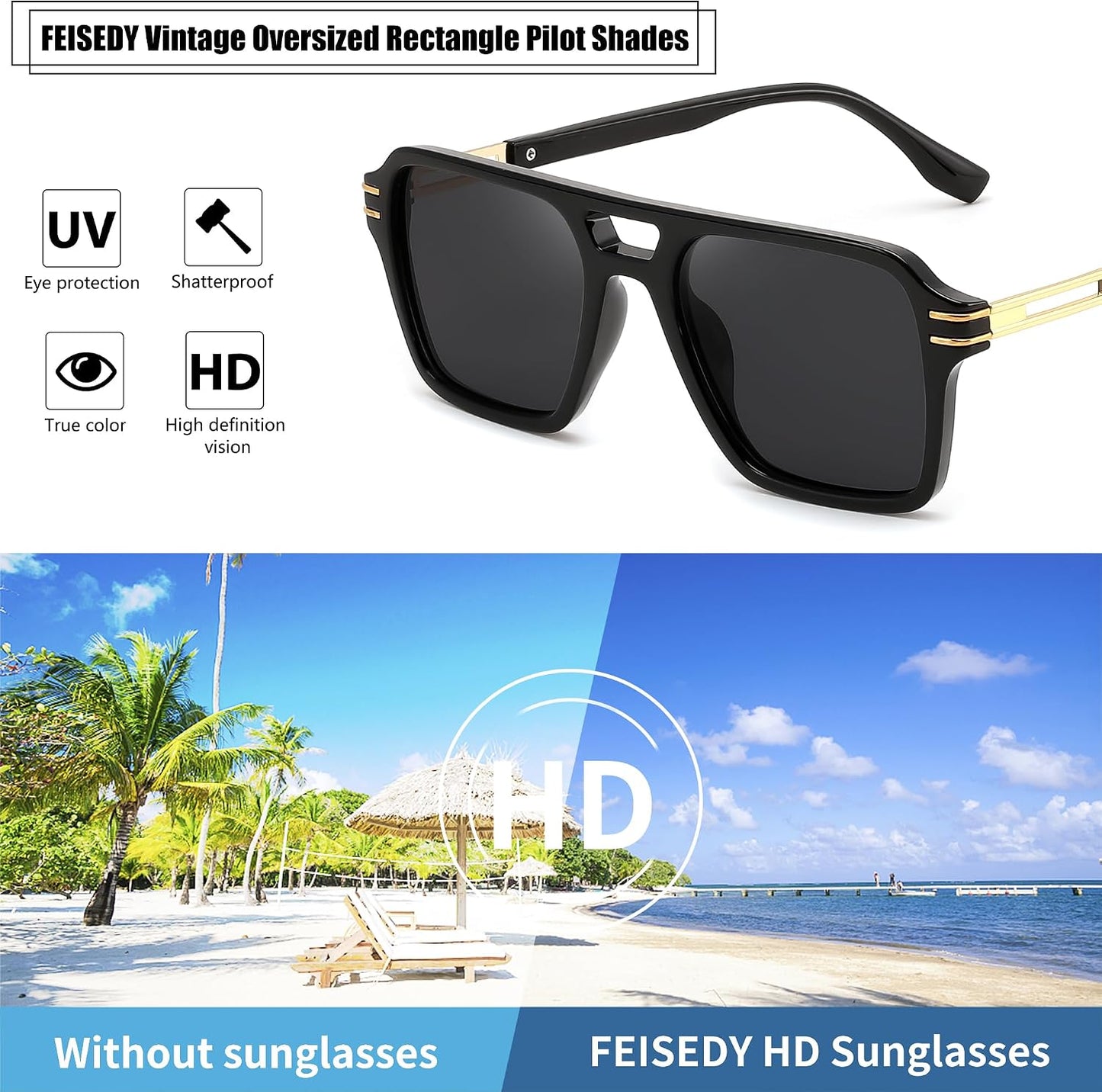 商品图片 3 | B0GVNPDBZQ | FEISEDY Retro Aviator Sunglasses Women Men 70s Trendy Square Shades B0422