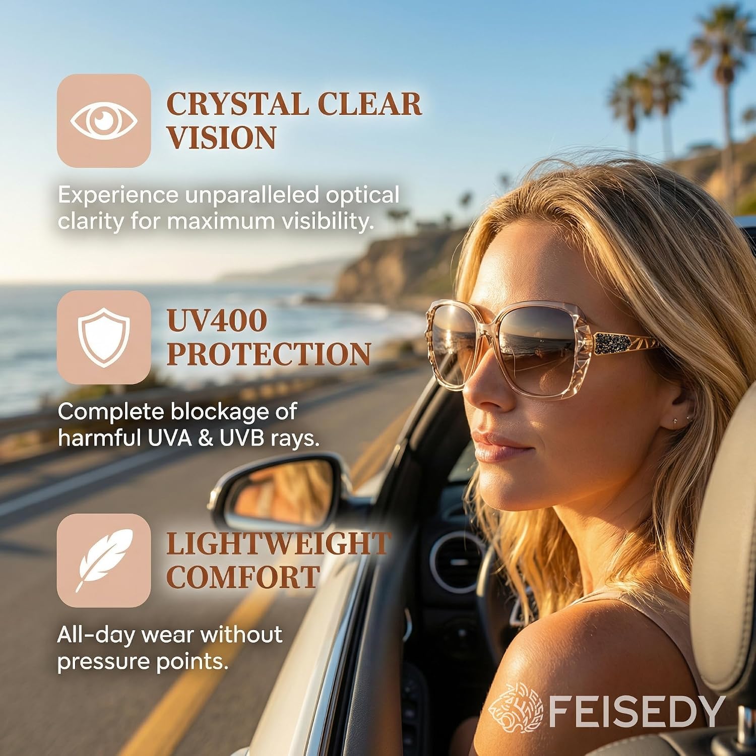 商品图片 103 | B079GT4RXH | FEISEDY Polarized Women Square Sunglasses Sparkling Composite Shiny Frame B2289