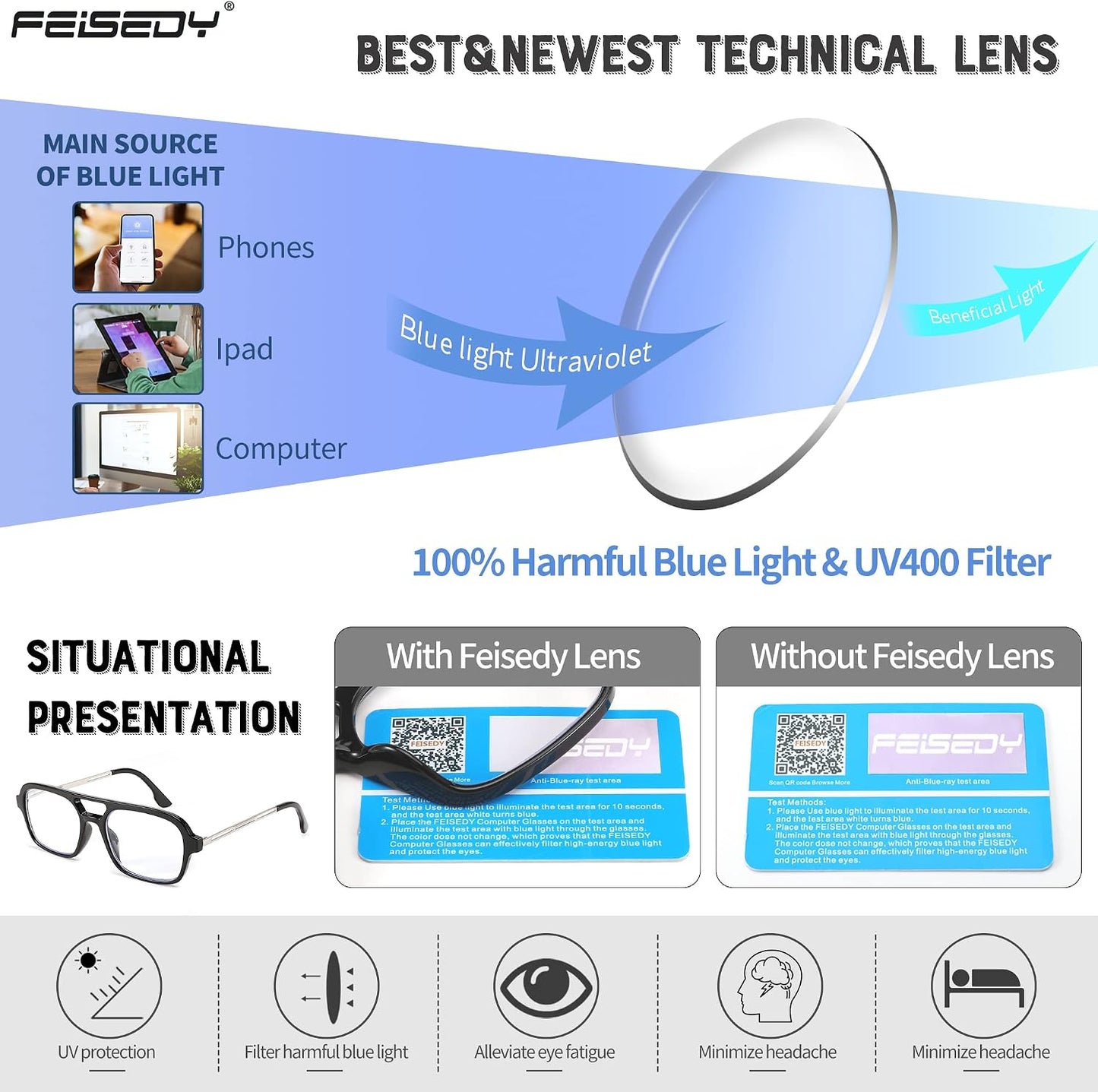 商品图片 5 | B0C65DXFMC | FEISEDY Retro Square Blue Light Blocking Reading Glasses for Women Men 70s Flat Aviator Glasses Anti-Fatigue Reader B2993
