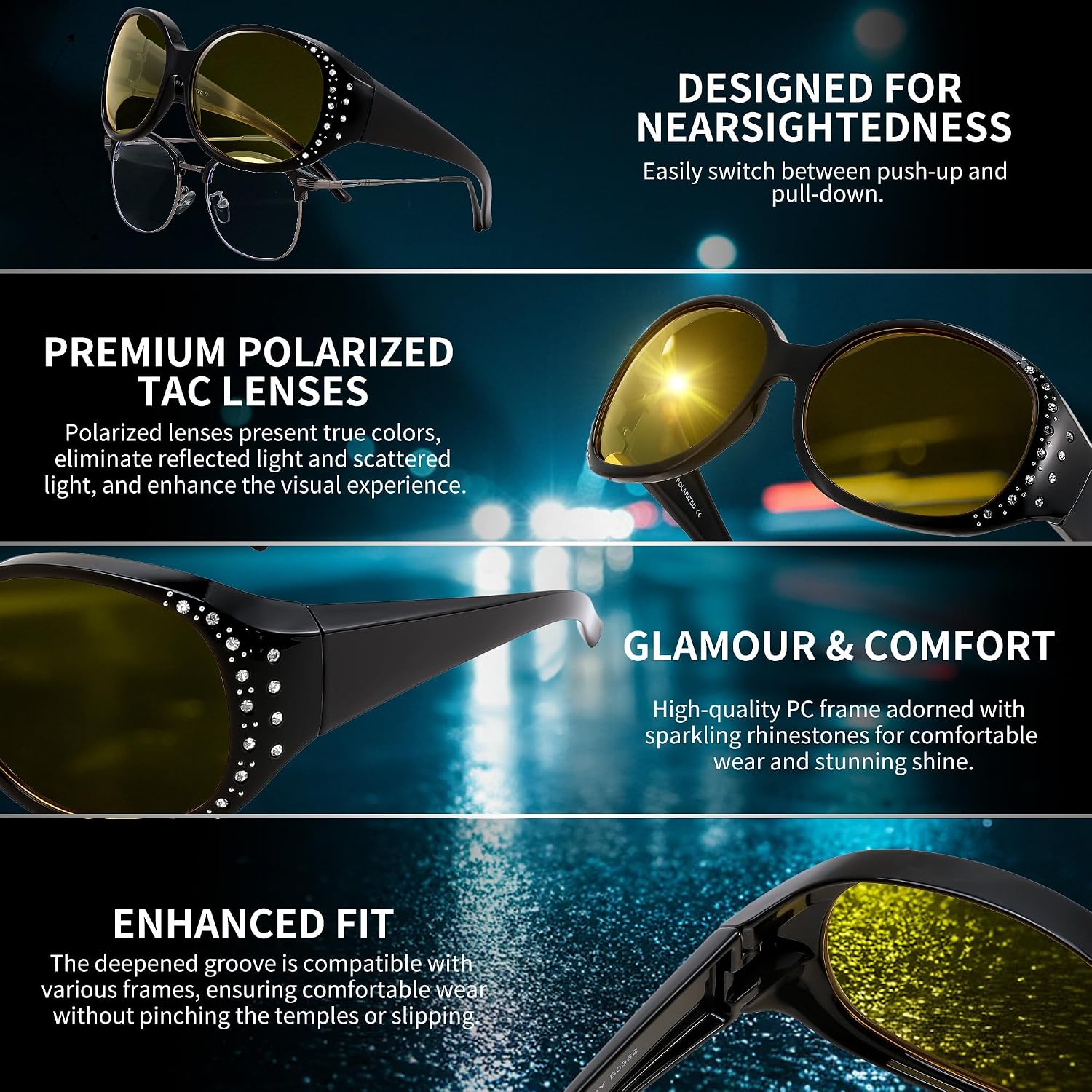 商品图片 11 | B0GRVLVZYS | FEISEDY Women's Polarized Wrap-Around Fit Over Sunglasses with Rhinestones, Anti-Glare Driving Sun Glasses B0362