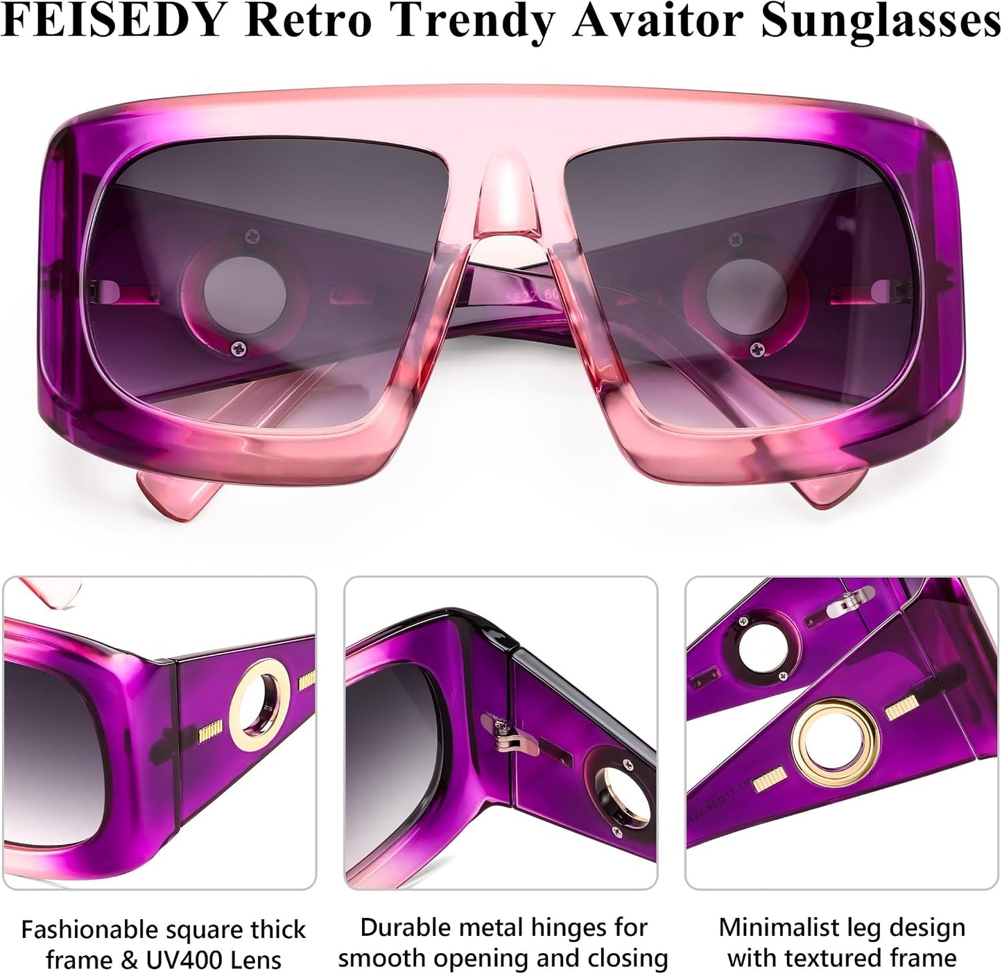 商品图片 11 | B0CYX6Y87W | FEISEDY Retro Oversized Avaitor Sunglasses for Women Men Bold Thick Frame Flat Top Shades B0126