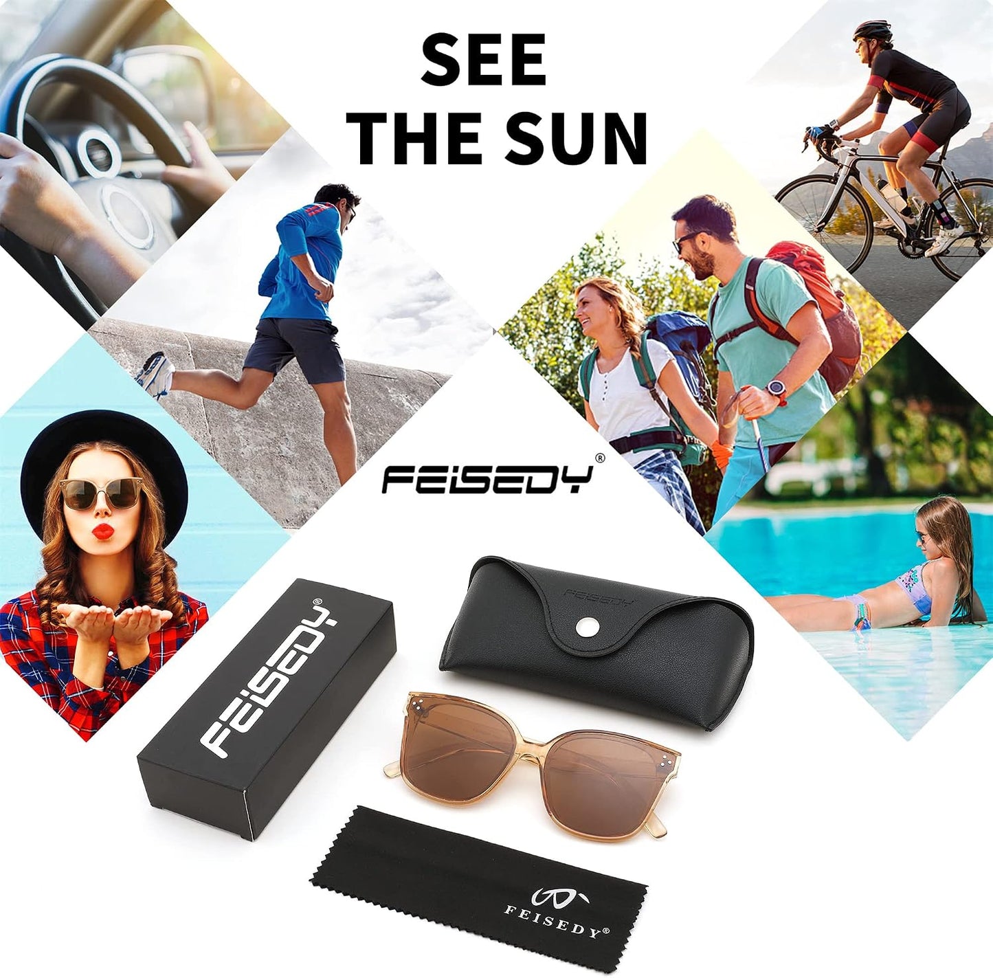 商品图片 101 | B0871BKMTN | FEISEDY Oversized Polarized Sunglasses - UV400 Protection, Square Fashion Sun Glasses for Outdoor & Daily B2600
