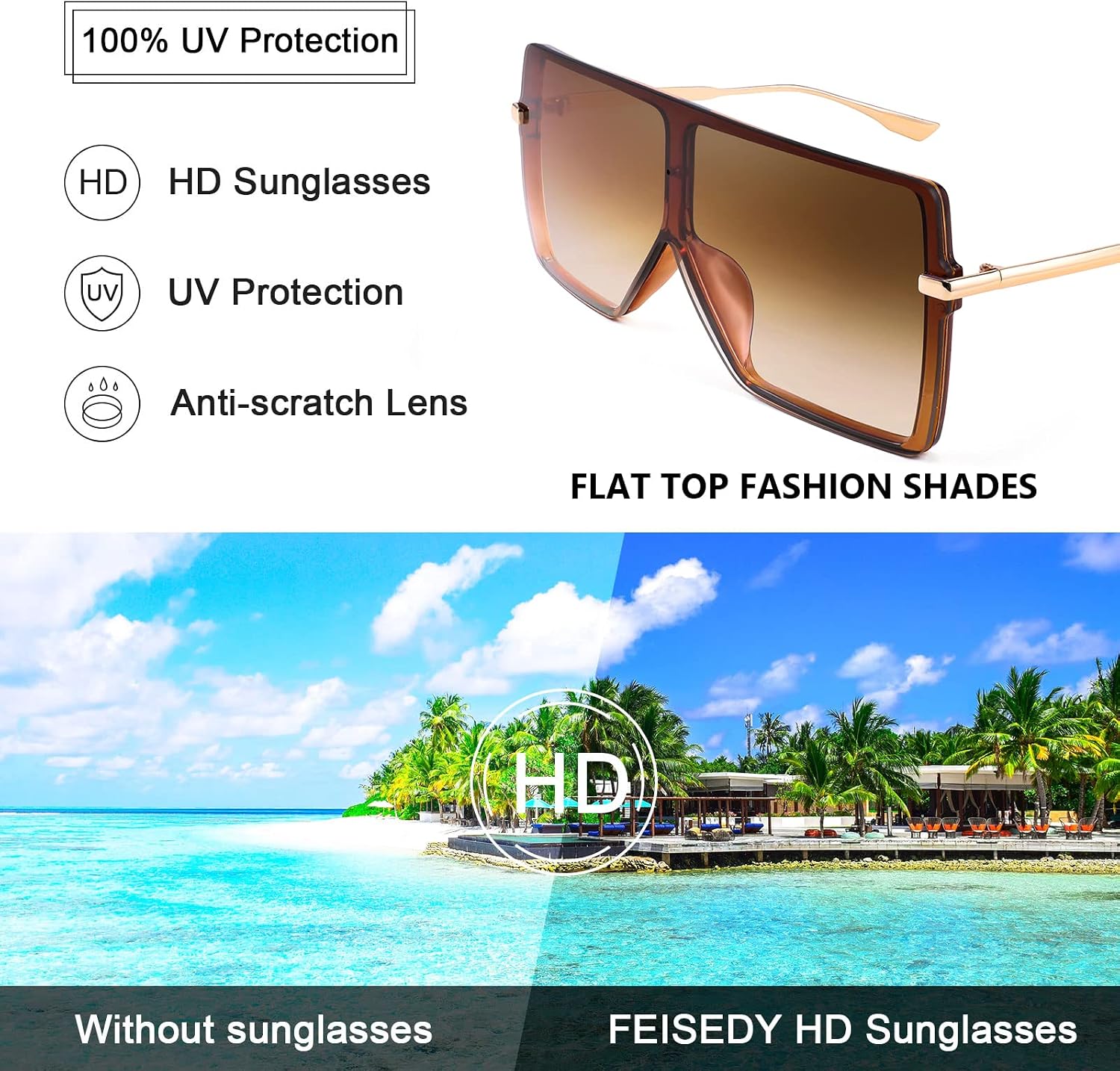 商品图片 6 | B097CVFDZT | FEISEDY Flat Top Oversized Shield Sunglasses Women Men Square Fashion Rimless Shades UV400 B2784